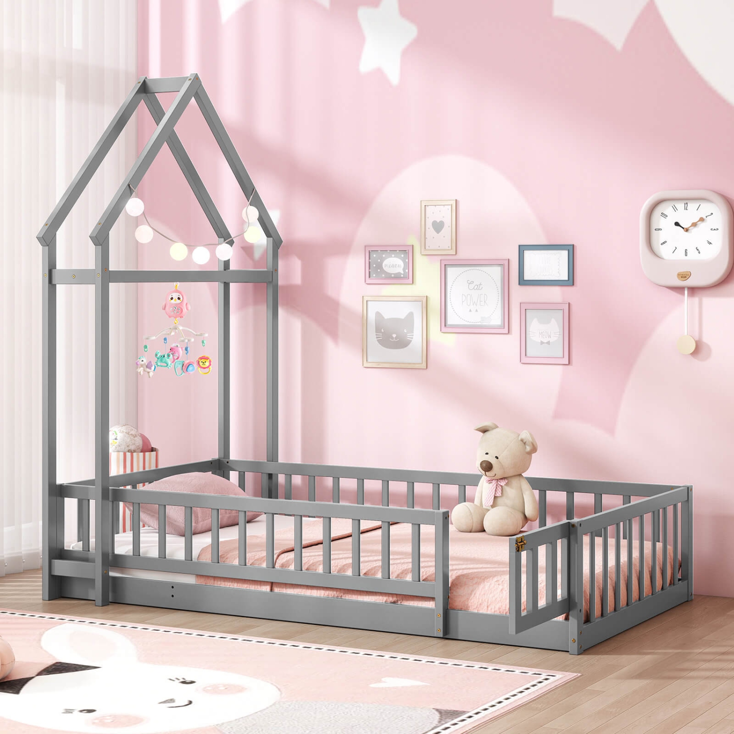 Costway Twin Size House Floor Bed with House-shaped Headboard Clothes Hanger without Slats Gray/Beige/Pink/White