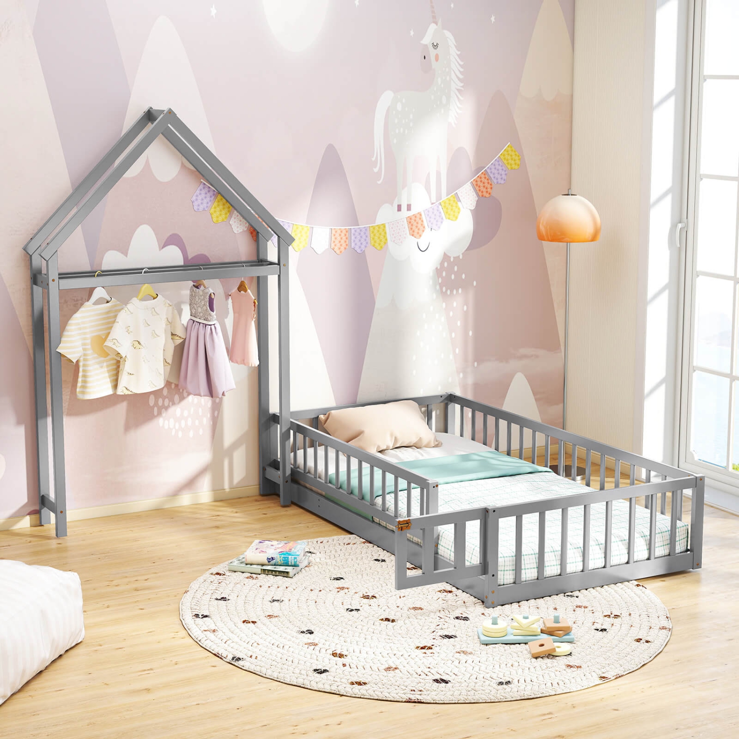 Costway Twin Size House Floor Bed with House-shaped Headboard Clothes Hanger without Slats Gray/Beige/Pink/White