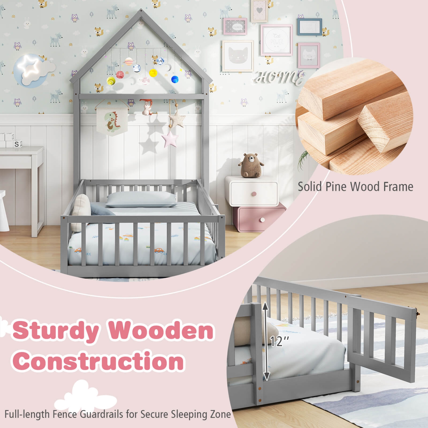 Costway Twin Size House Floor Bed with House-shaped Headboard Clothes Hanger without Slats Gray/Beige/Pink/White