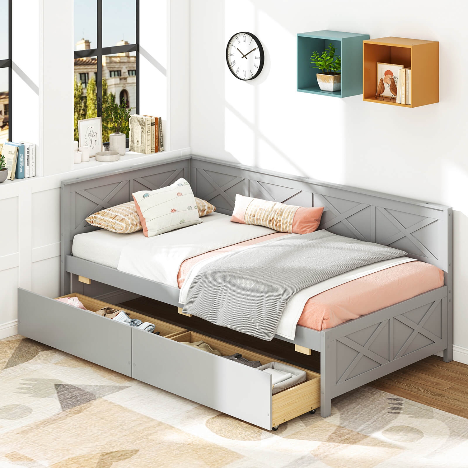 Costway Twin Size Daybed with 2 Storage Drawers Slats Support & Guardrails Sofa Bed White/Gray