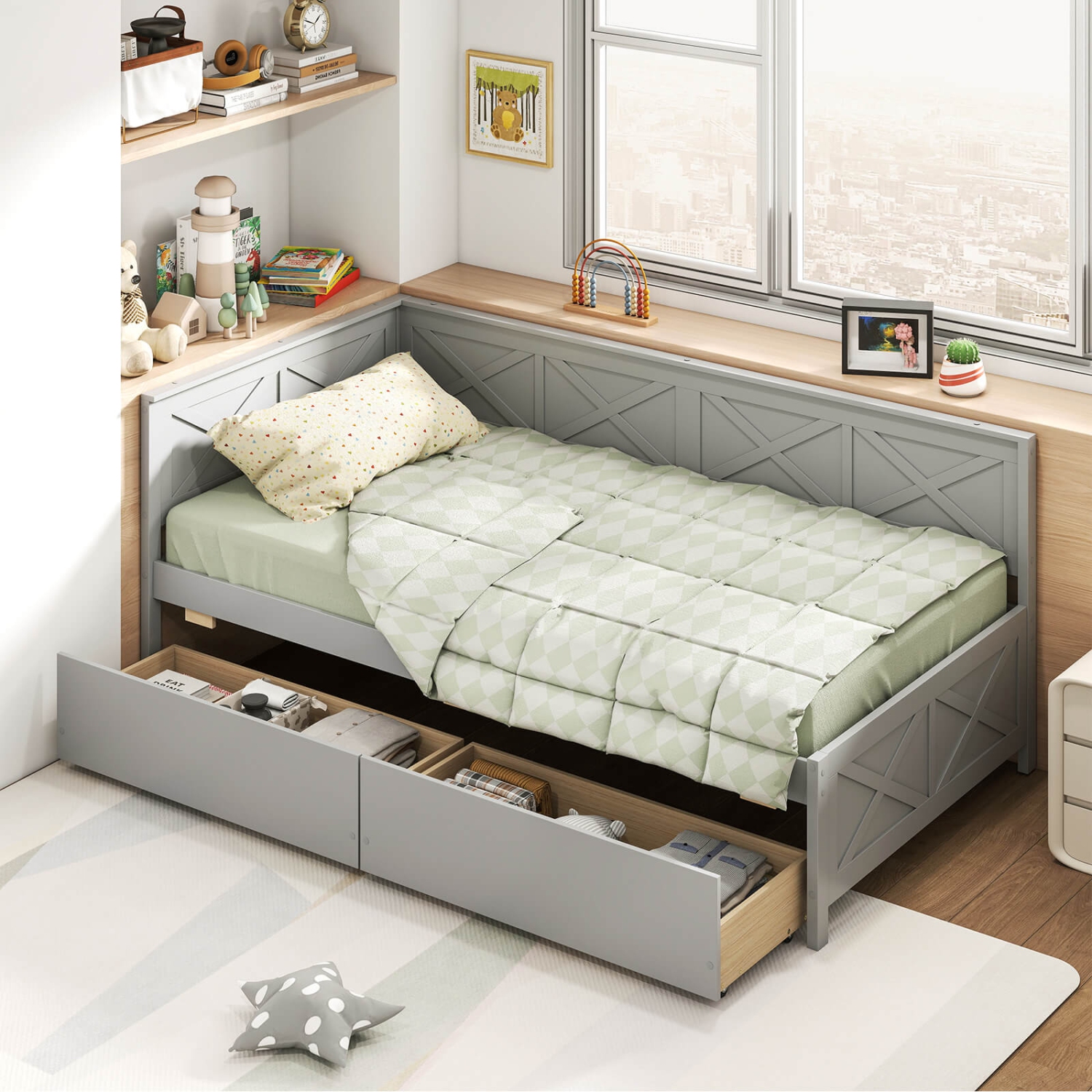 Costway Twin Size Daybed with 2 Storage Drawers Slats Support & Guardrails Sofa Bed White/Gray