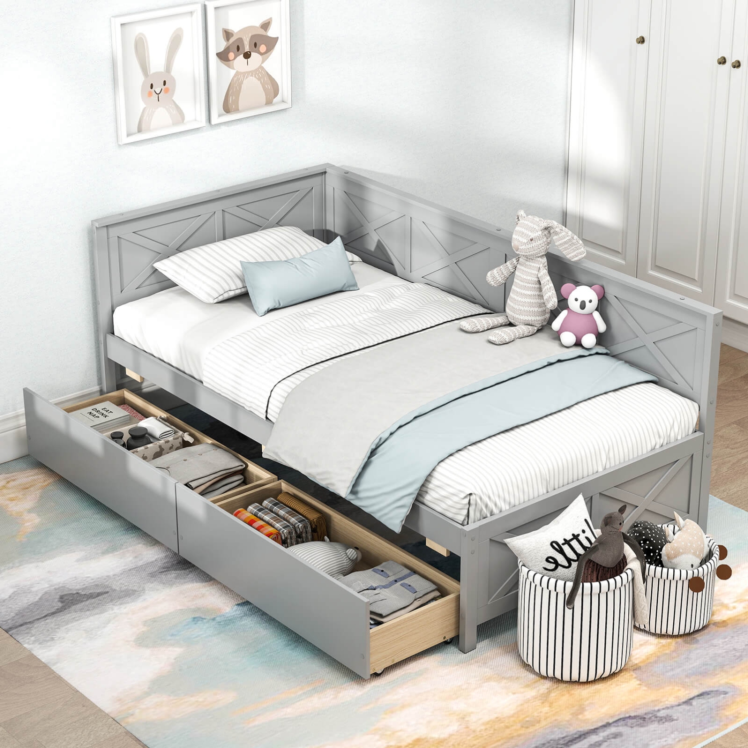 Costway Twin Size Daybed with 2 Storage Drawers Slats Support & Guardrails Sofa Bed White/Gray