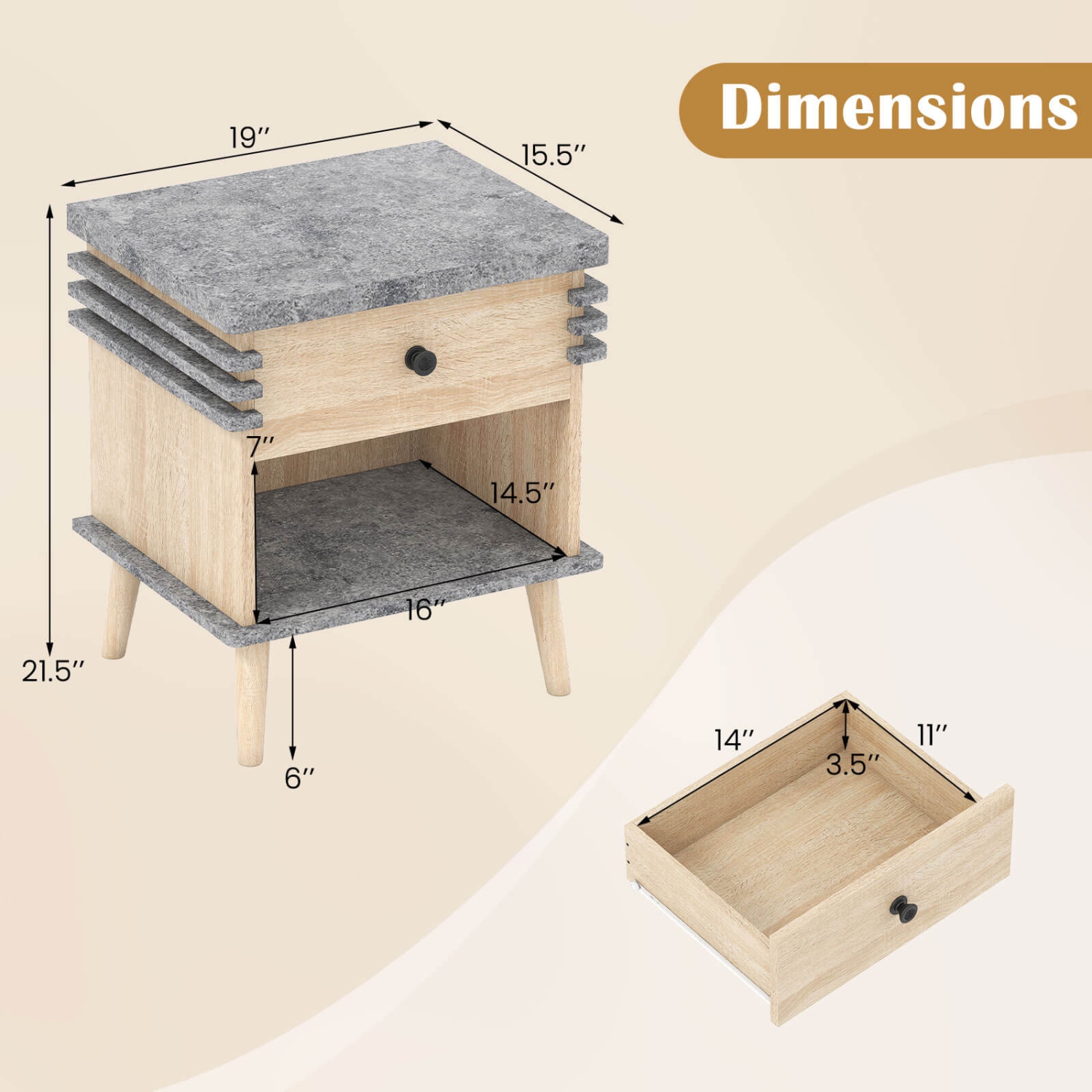 Table de chevet à 3 niveaux 1/2 de Costway avec dessus en faux marbre gris antique et tablette ouverte