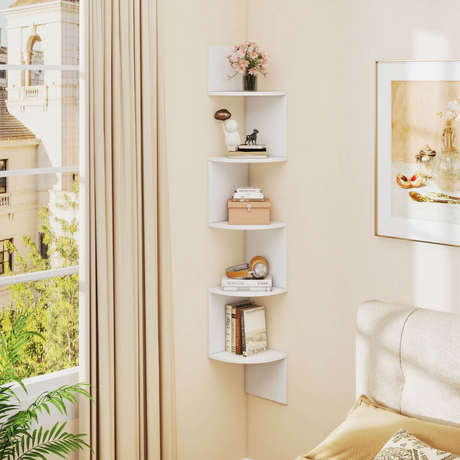 Étagère flottante à 5 niveaux 1/2 PCS de Costway avec tablette de présentation pour plantes à bords ronds sécuritaires - Brun/Blanc/Gris