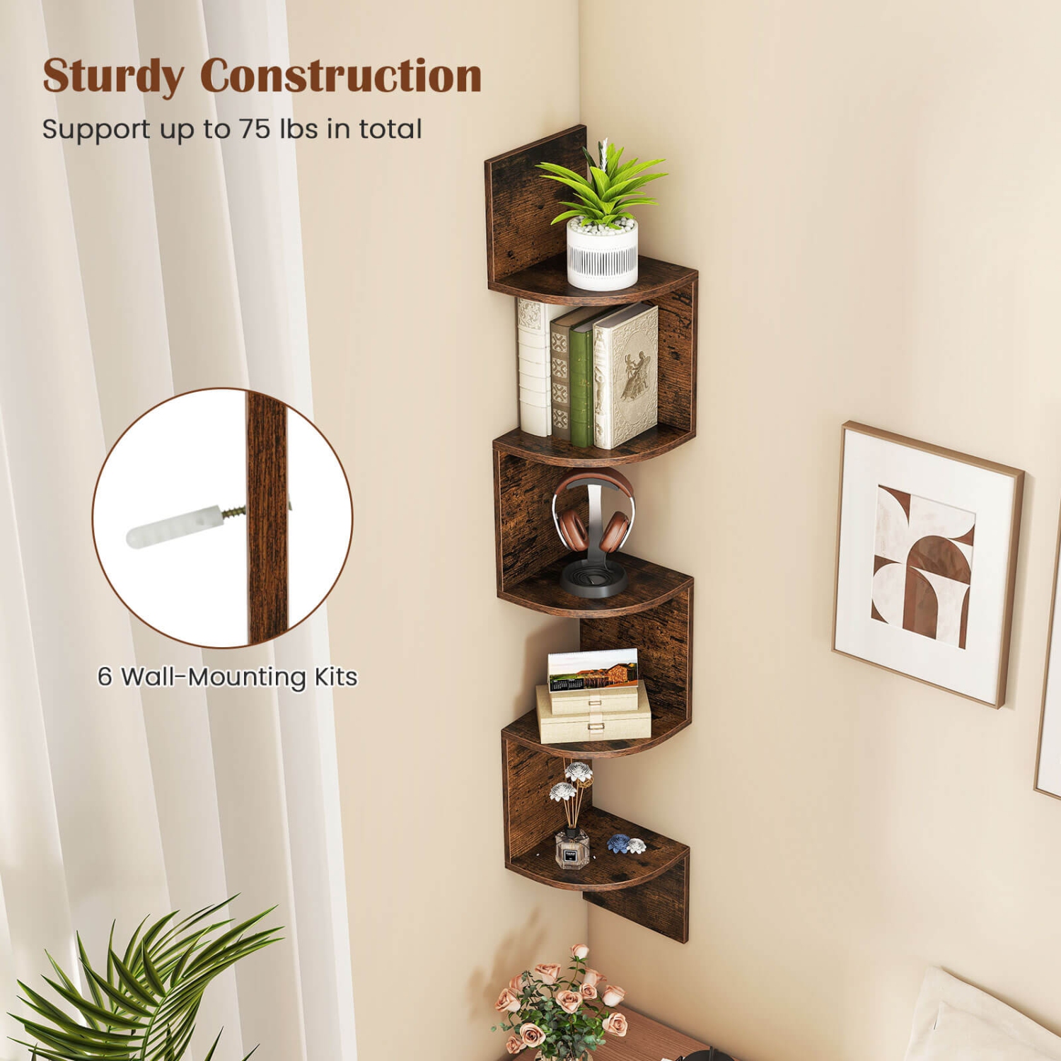 Étagère flottante à 5 niveaux 1/2 PCS de Costway avec tablette de présentation pour plantes à bords ronds sécuritaires - Brun/Blanc/Gris