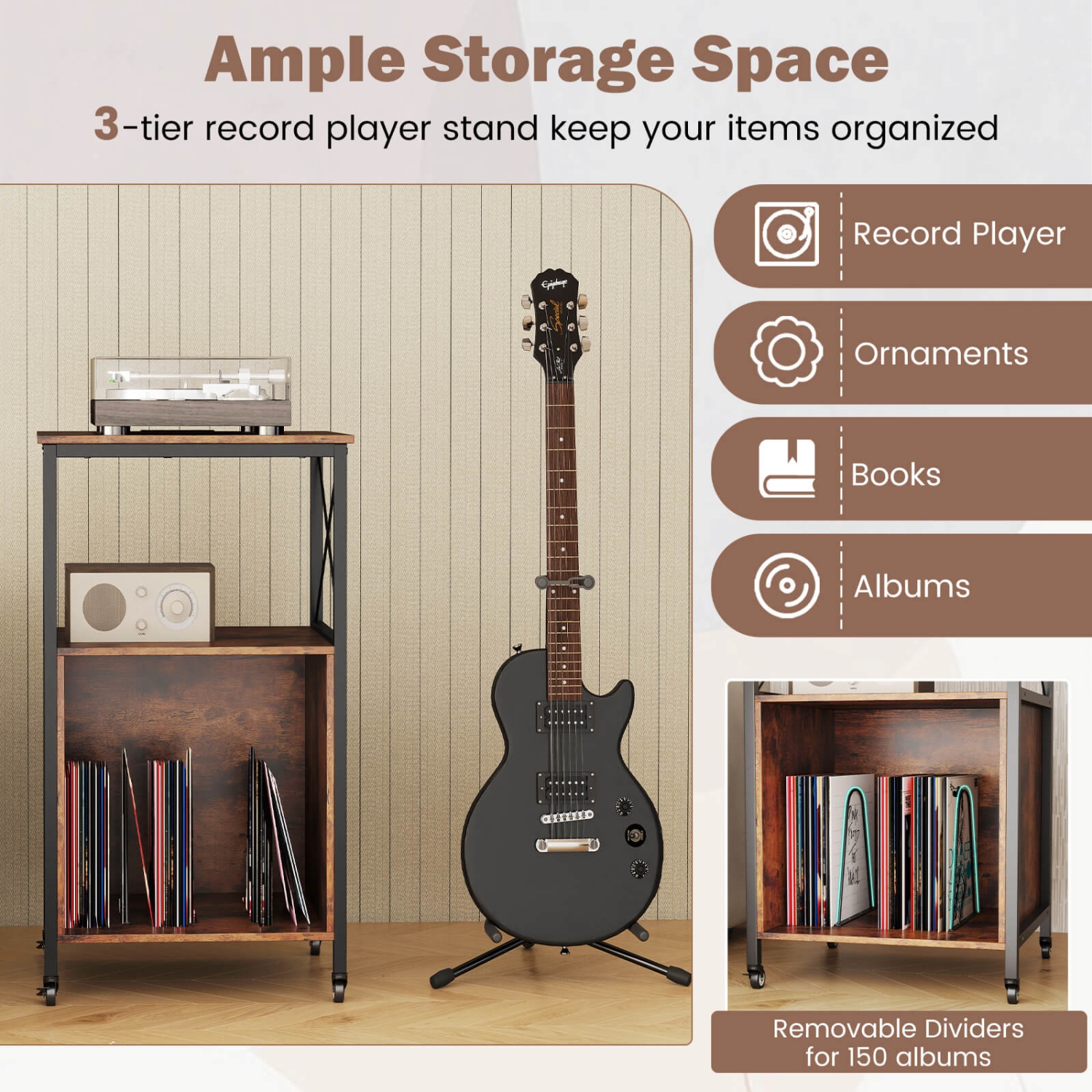 Support mobile pour tourne-disque de Costway avec tablette ouverte et séparateurs en métal