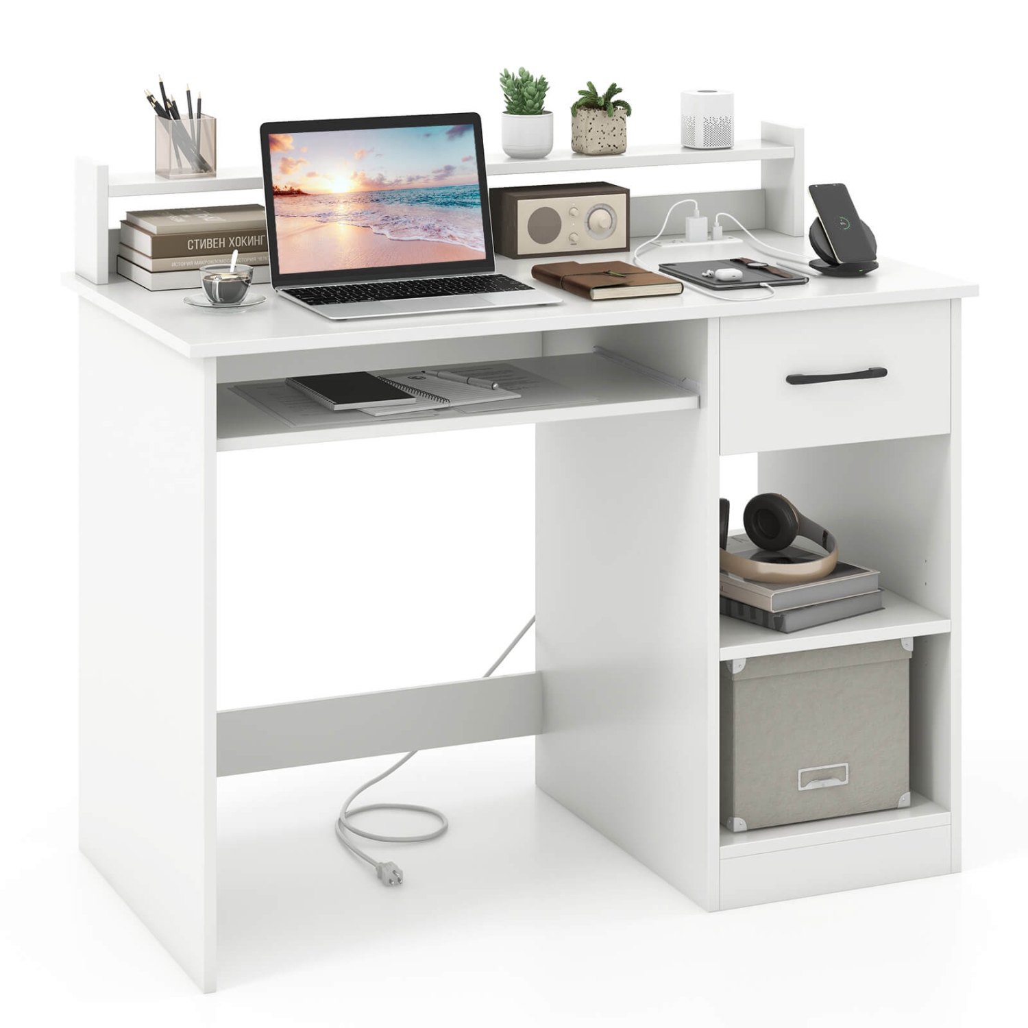 Bureau d'ordinateur blanc de Costway avec tiroir de station de chargement amovible et tablette ajustable
