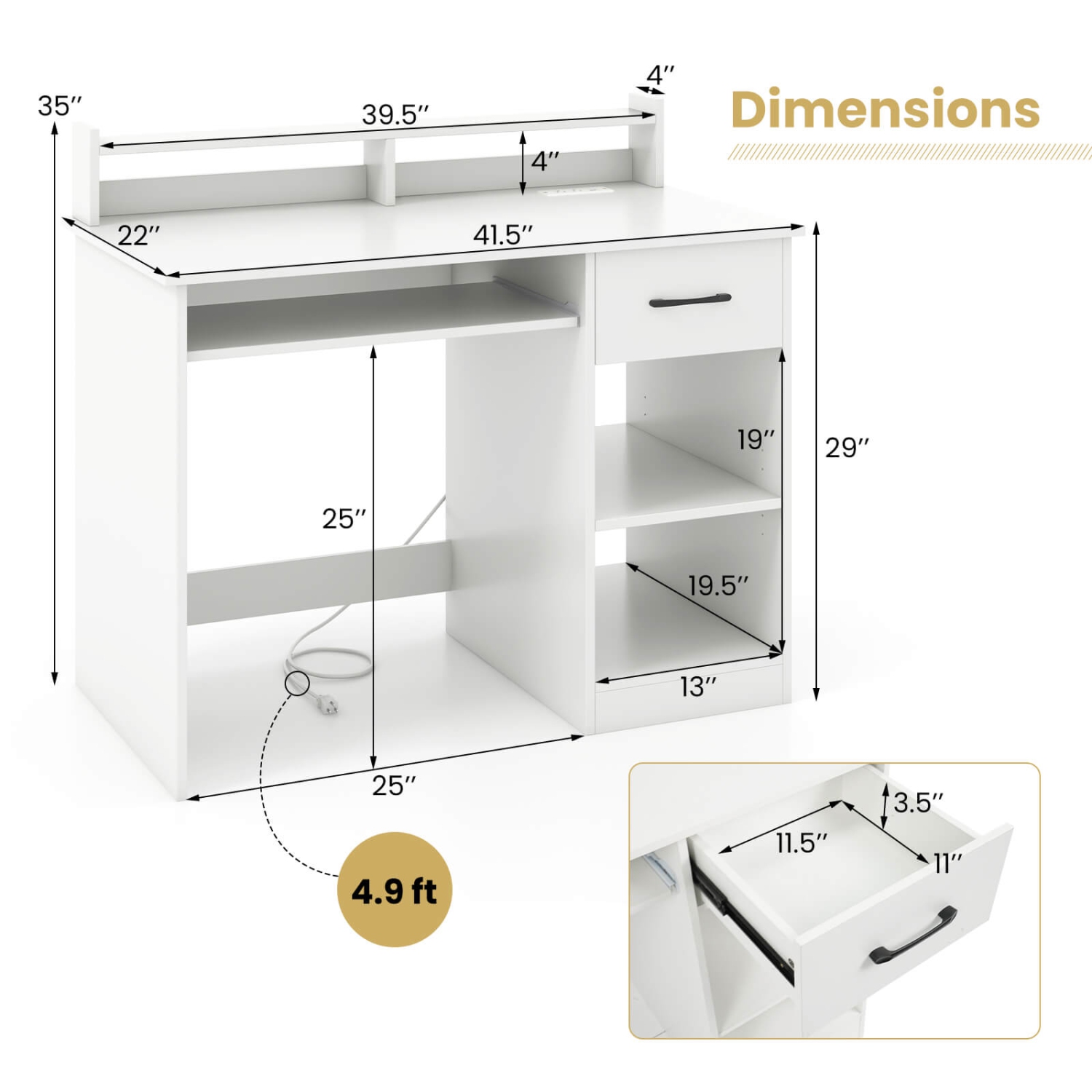 Bureau d'ordinateur blanc de Costway avec tiroir de station de chargement amovible et tablette ajustable