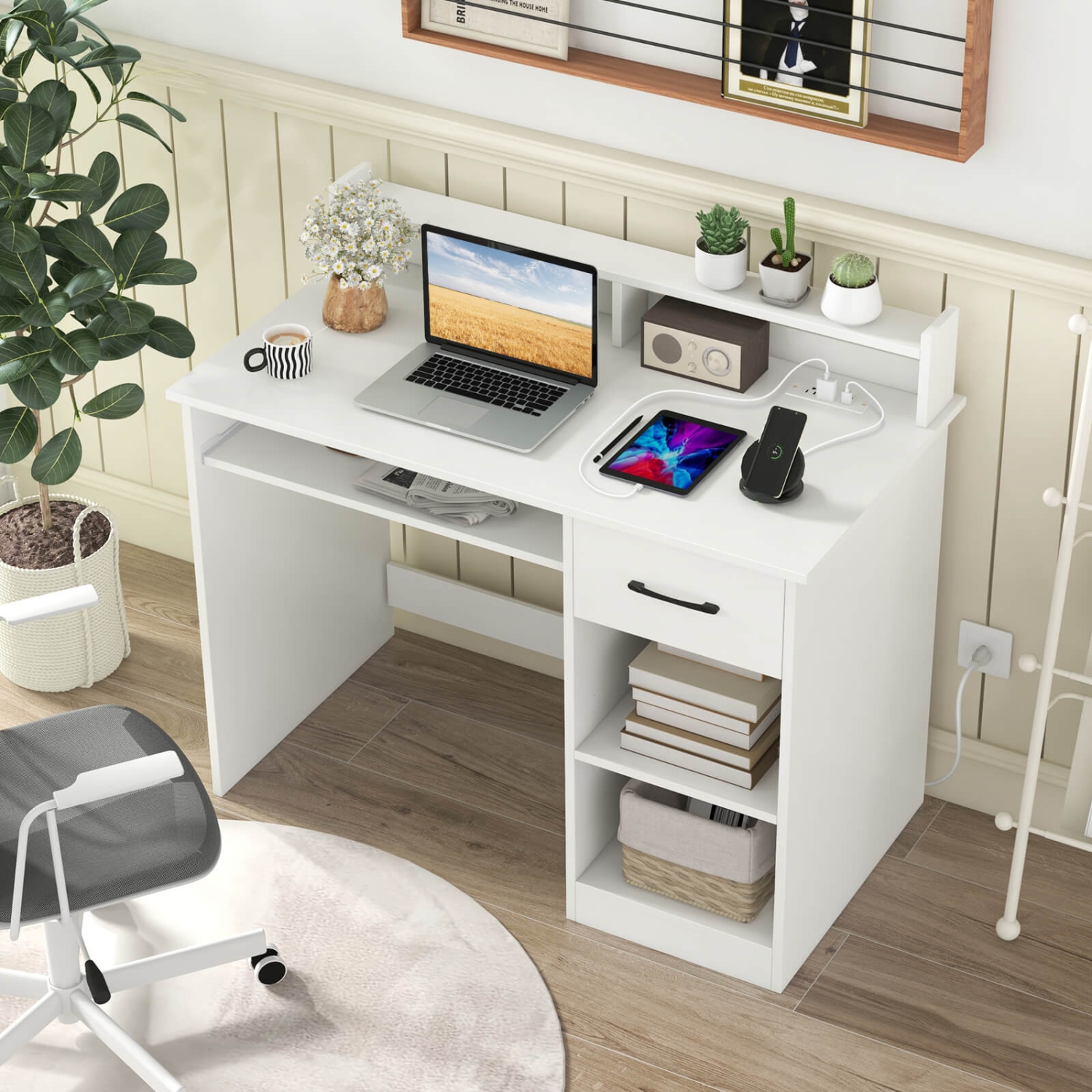 Bureau d'ordinateur blanc de Costway avec tiroir de station de chargement amovible et tablette ajustable