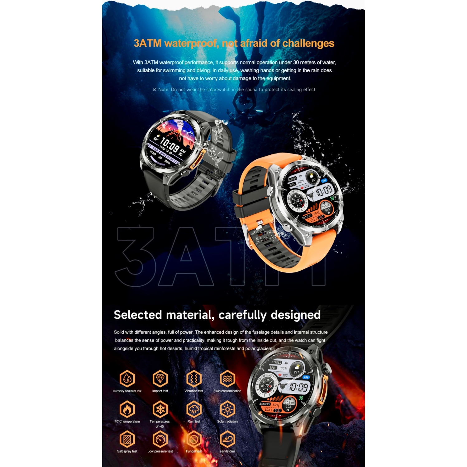 Montre intelligente tactique TUT pour hommes 1,43 cadran | Boussole Flashlight Chat-GPT 3TAM étanche | Moniteur d'activité et de santé robuste |