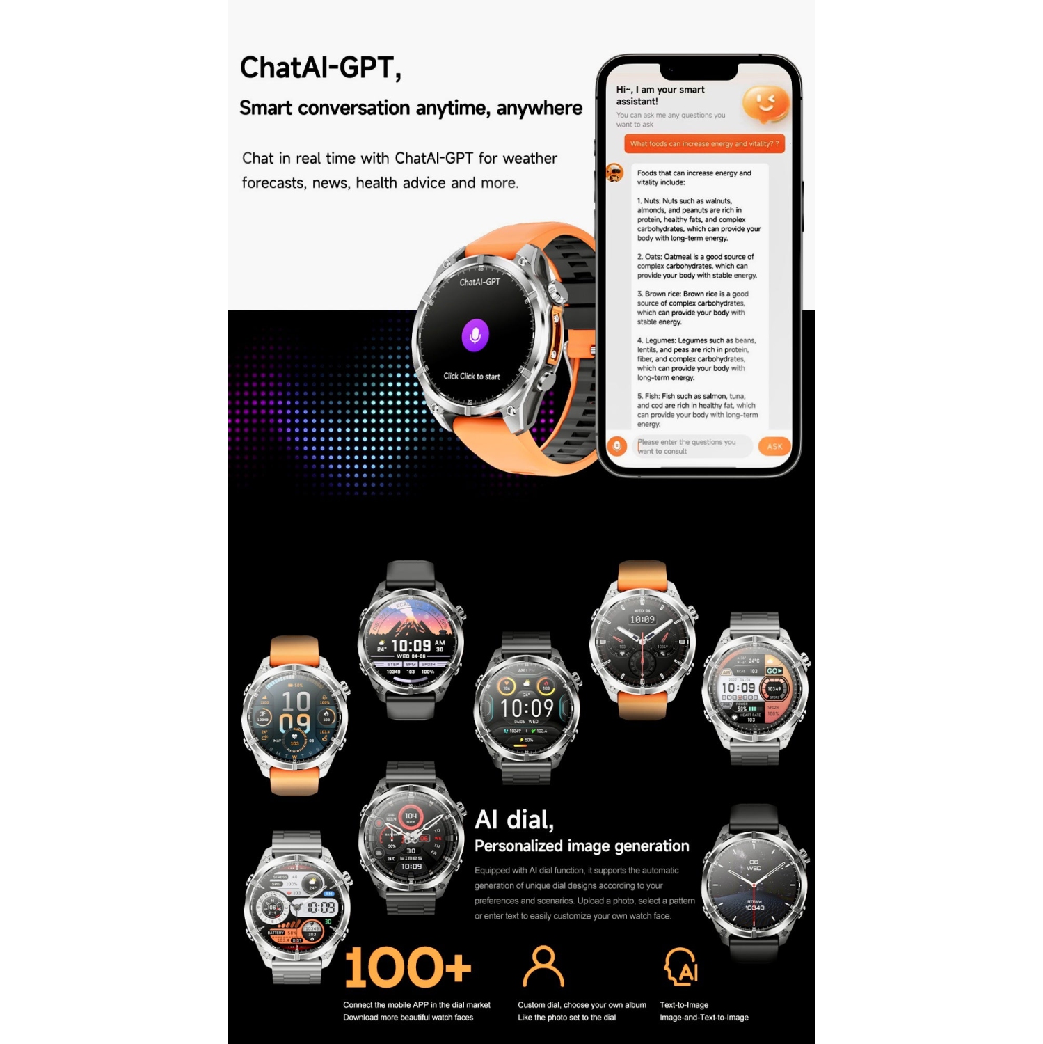 Montre intelligente tactique TUT pour hommes 1,43 cadran | Boussole Flashlight Chat-GPT 3TAM étanche | Moniteur d'activité et de santé robuste |