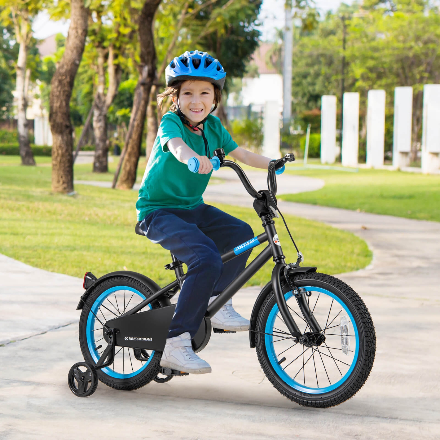 Vélo pour enfants de 16&nbsp;po de Costway avec selle réglable, guidon, roues d'entraînement amovibles, frein à main