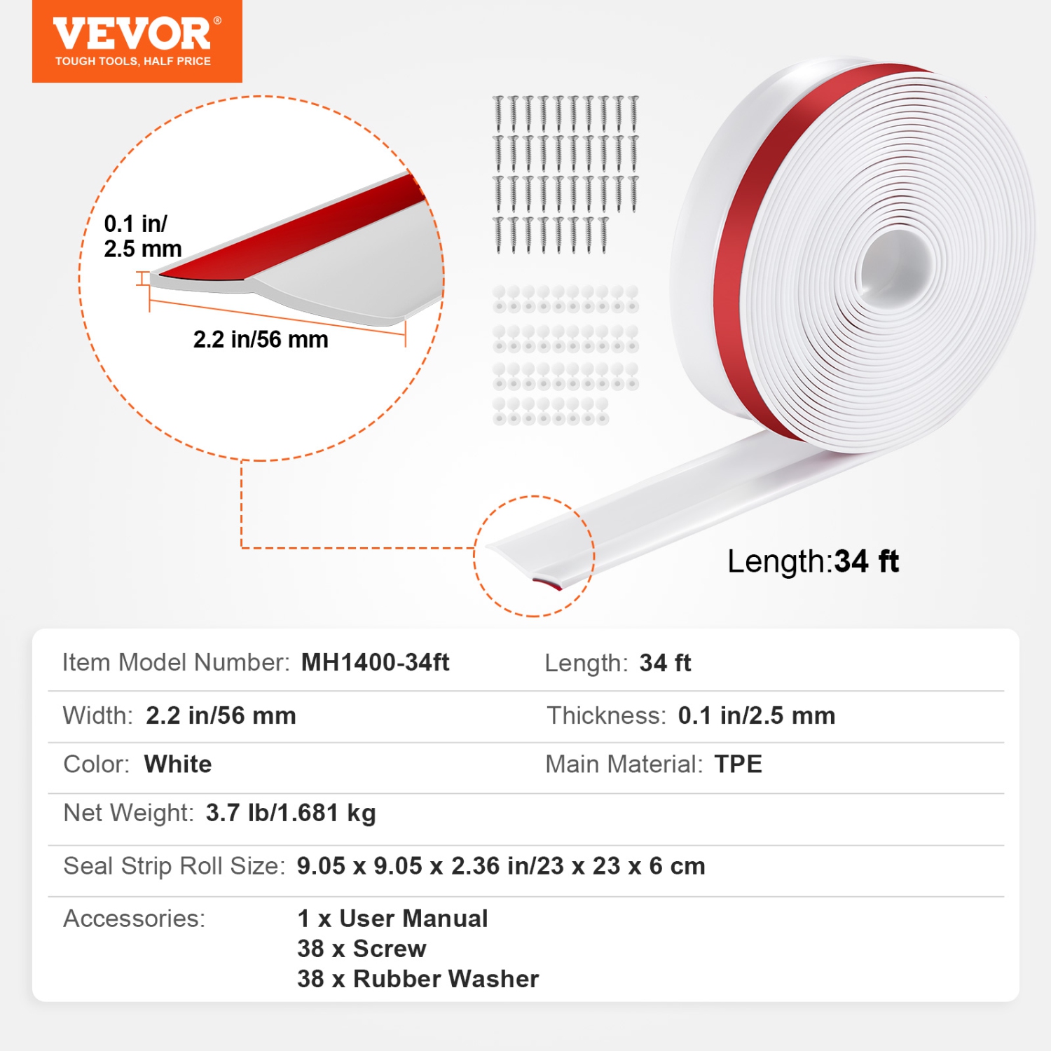 VEVOR 34 FT Garage Door Seal Top and Sides Seal Strip, Universal Weather Stripping Replacement Soft and Hard Composite, Weatherproofing Garage Door