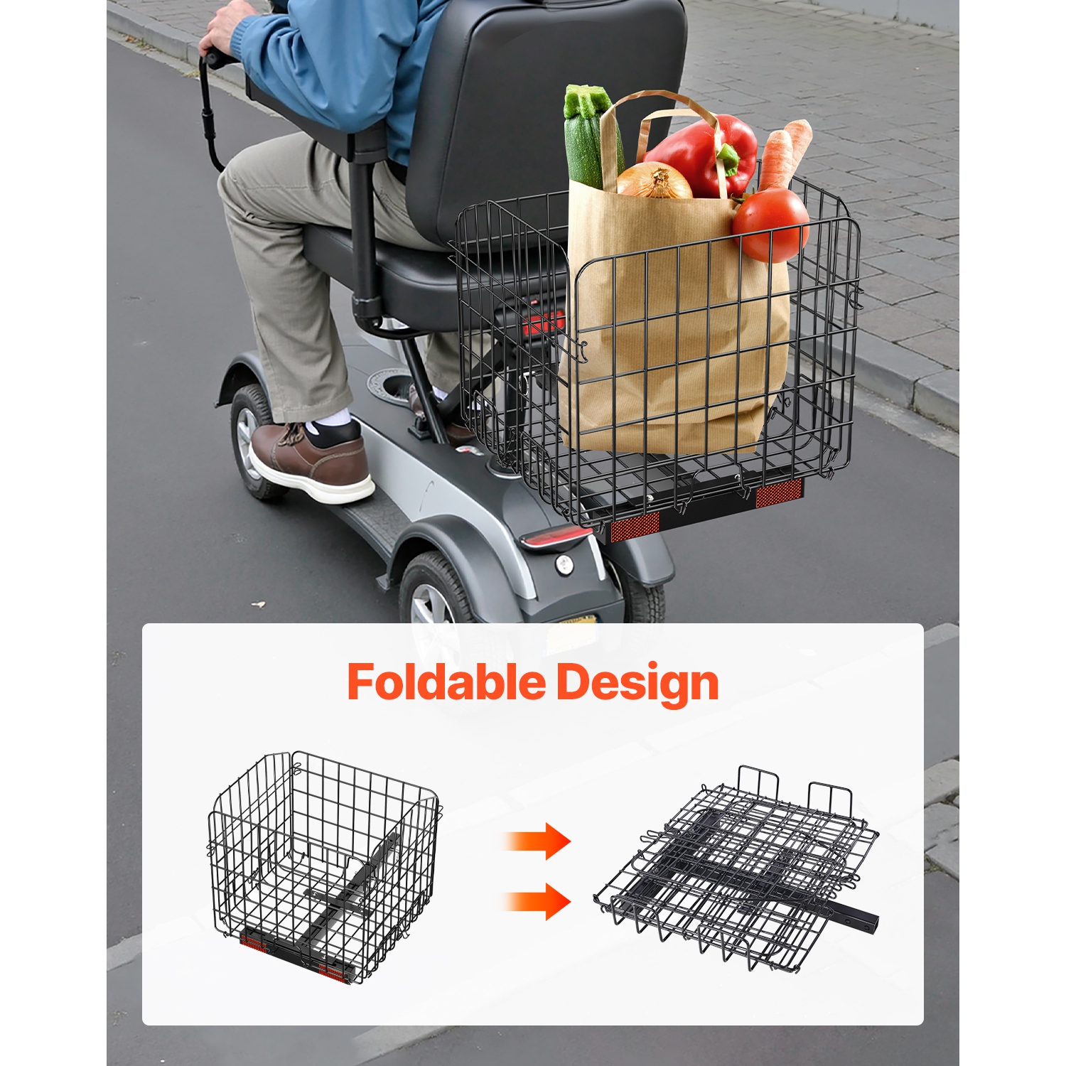 VEVOR Scooter Rear Basket, Folding Metal Wire Basket, Heavy Duty & Spacious Cargo Basket, Works with 1-inch Receiver, Compatible with Most Golden,