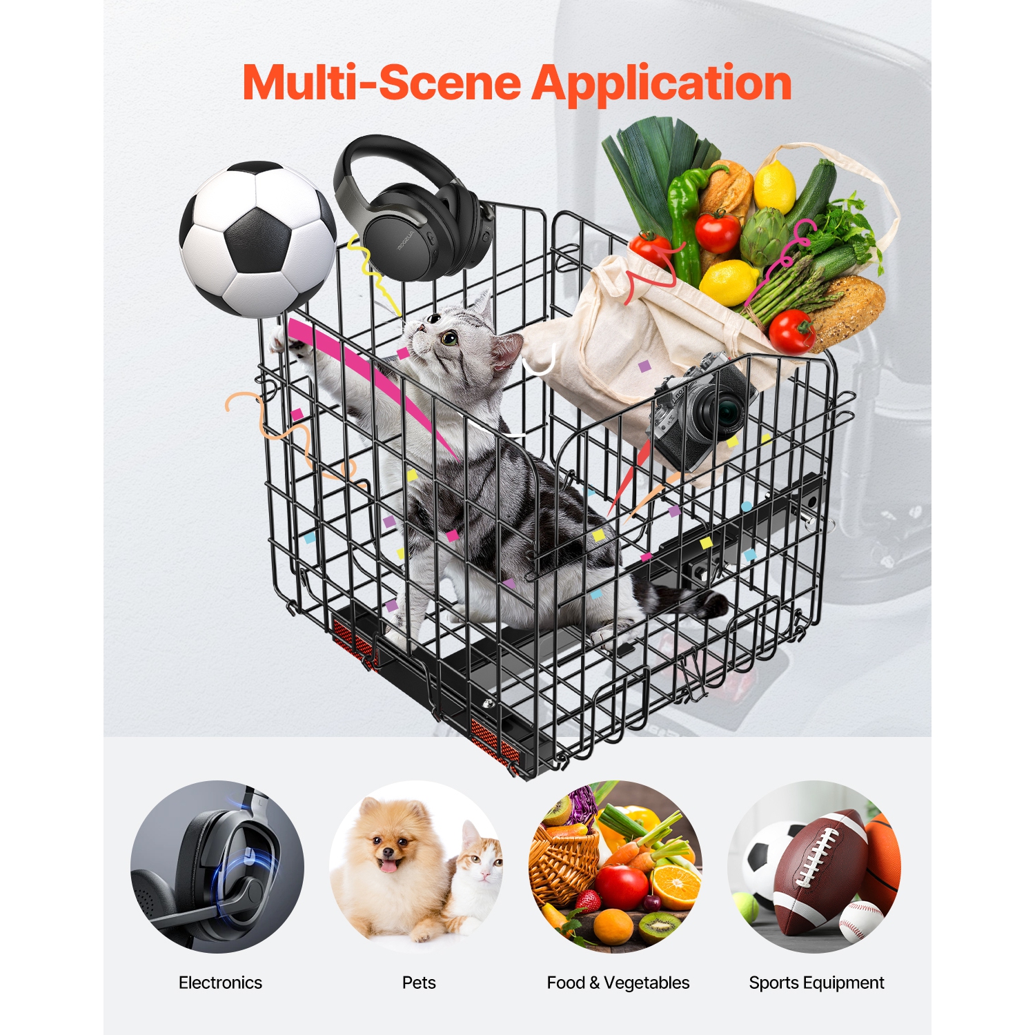 VEVOR Scooter Rear Basket, Folding Metal Wire Basket, Heavy Duty & Spacious Cargo Basket, Works with 1-inch Receiver, Compatible with Most Golden,