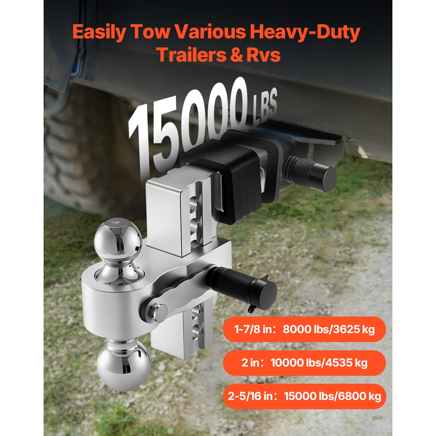 VEVOR 6-Inch Adjustable Trailer Hitch, Drop Hitch, Tri-Ball Mount for 2-Inch Hitch Receiver, Trailer Ball Size 1-7/8", 2" and 2-5/16",Max 15000 lbs