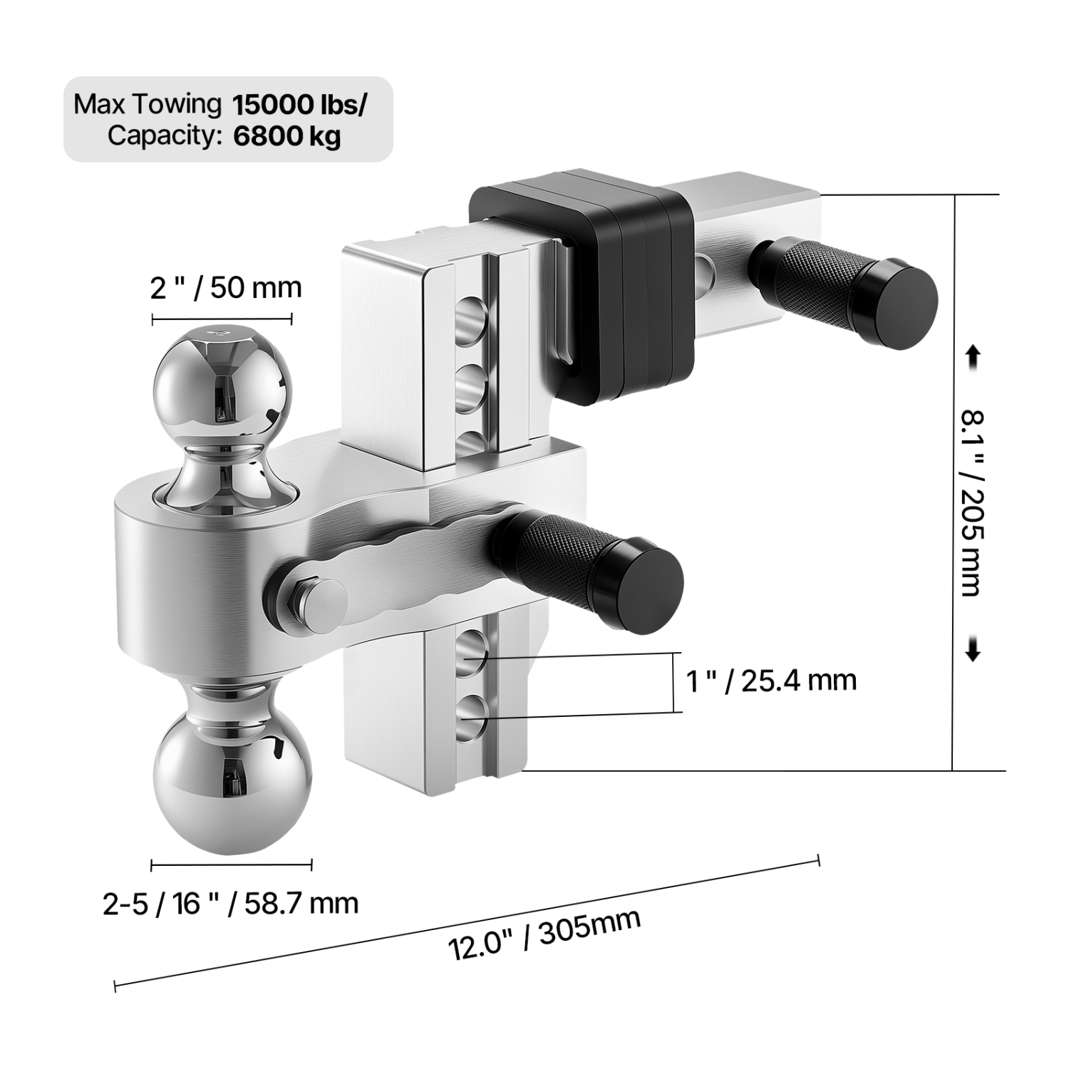 VEVOR 6-Inch Adjustable Trailer Hitch, Drop Hitch, Tri-Ball Mount for 2-Inch Hitch Receiver, Trailer Ball Size 1-7/8", 2" and 2-5/16",Max 15000 lbs