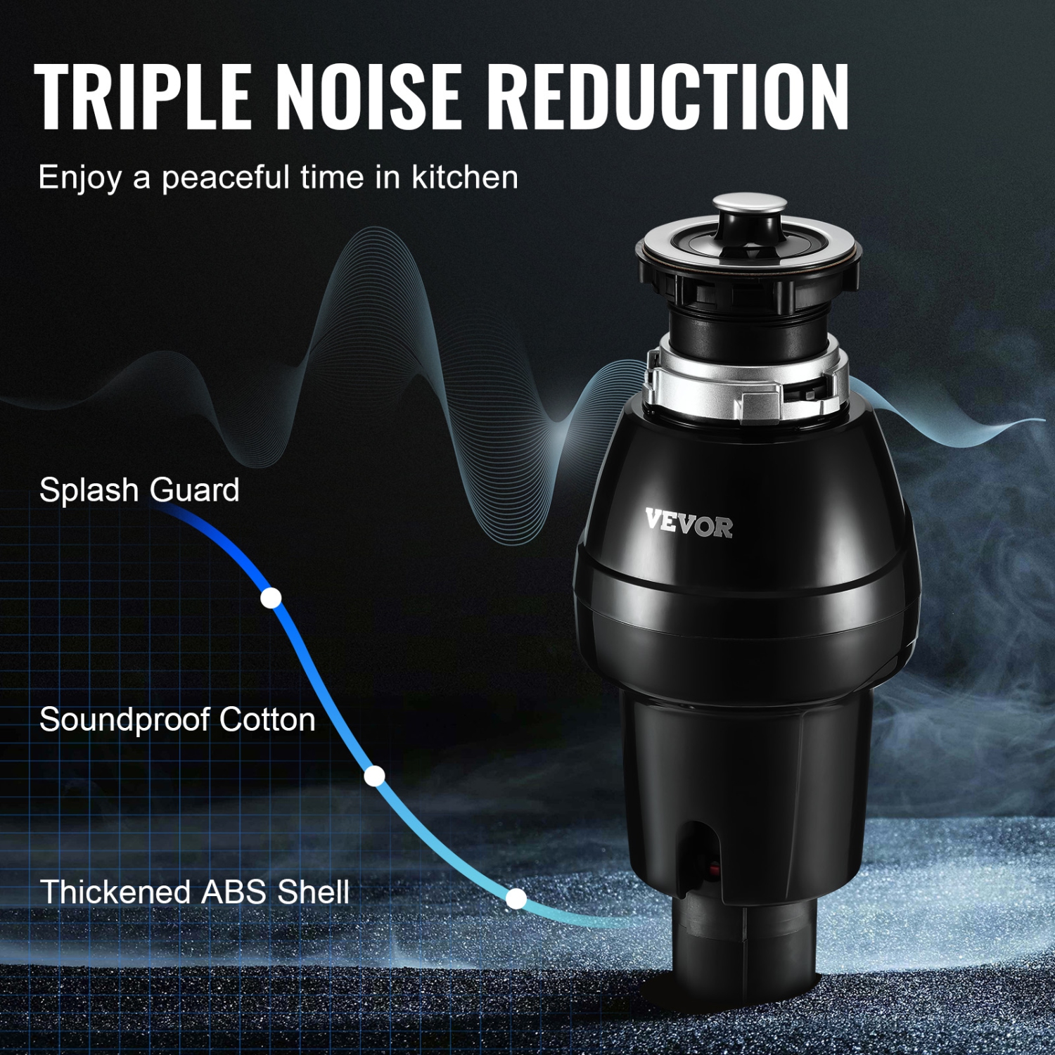 VEVOR 3/4HP 3250RPM Garbage Disposal, Continuous Feed Food Waste Disposer, EZ Connect Food Waste Grinding System with Sound Reduction, Power Cord &