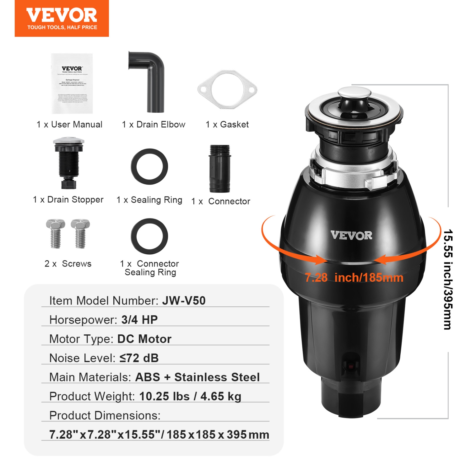 VEVOR 3/4HP 3250RPM Garbage Disposal, Continuous Feed Food Waste Disposer, EZ Connect Food Waste Grinding System with Sound Reduction, Power Cord &
