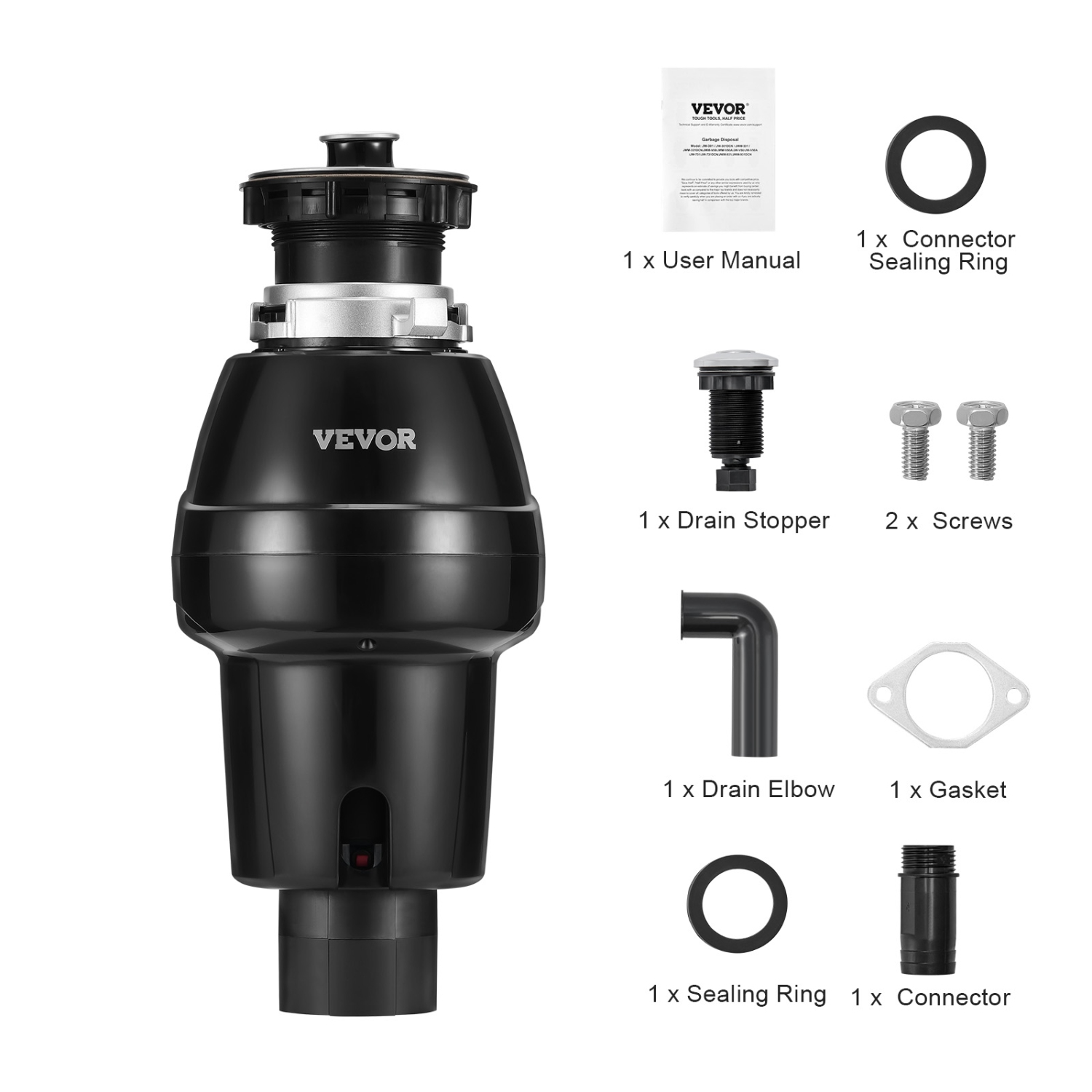 VEVOR 3/4HP 3250RPM Garbage Disposal, Continuous Feed Food Waste Disposer, EZ Connect Food Waste Grinding System with Sound Reduction, Power Cord &