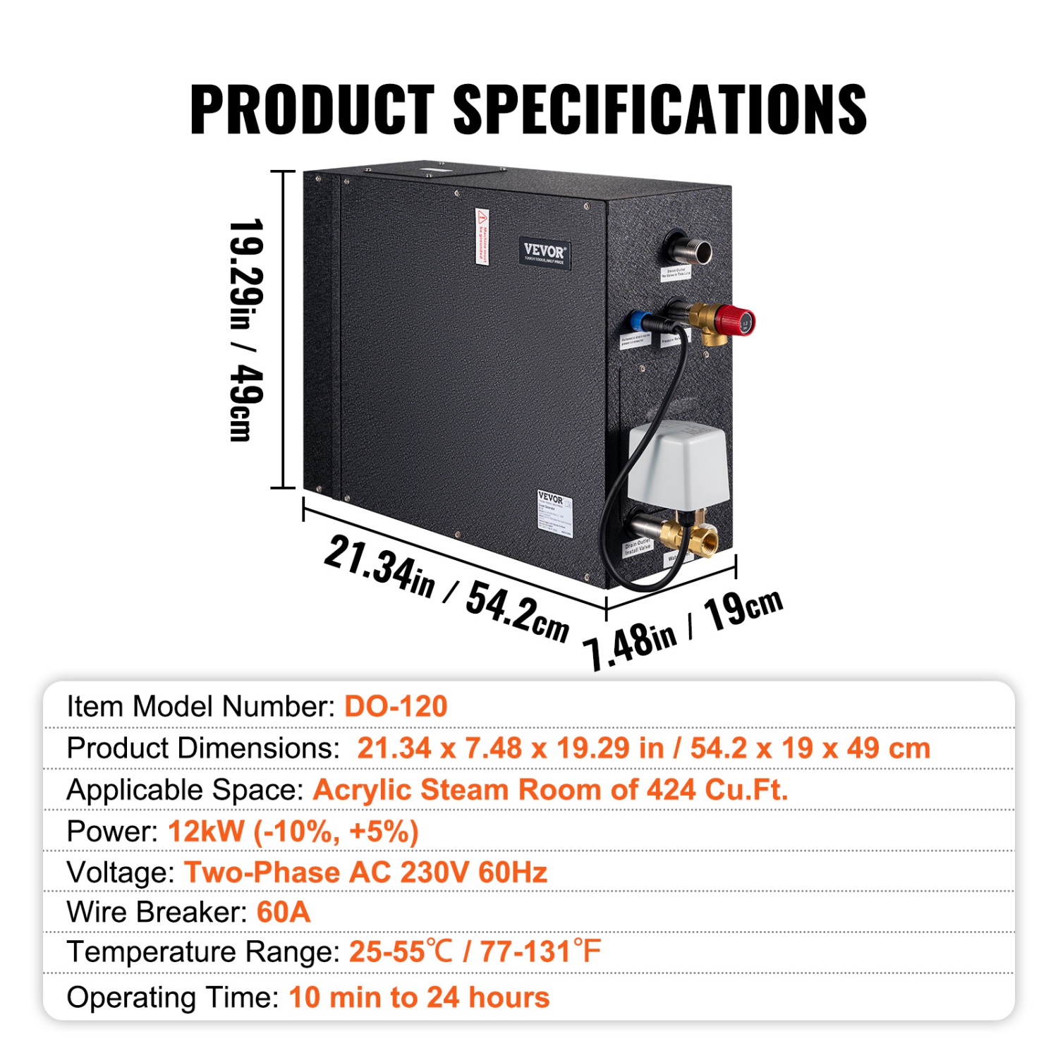 VEVOR 12KW Steam Shower Generator, Segmented Heating & Temperature Customization & 24h Timer Steam Kit, Automatic Drainage Home Steam Shower System