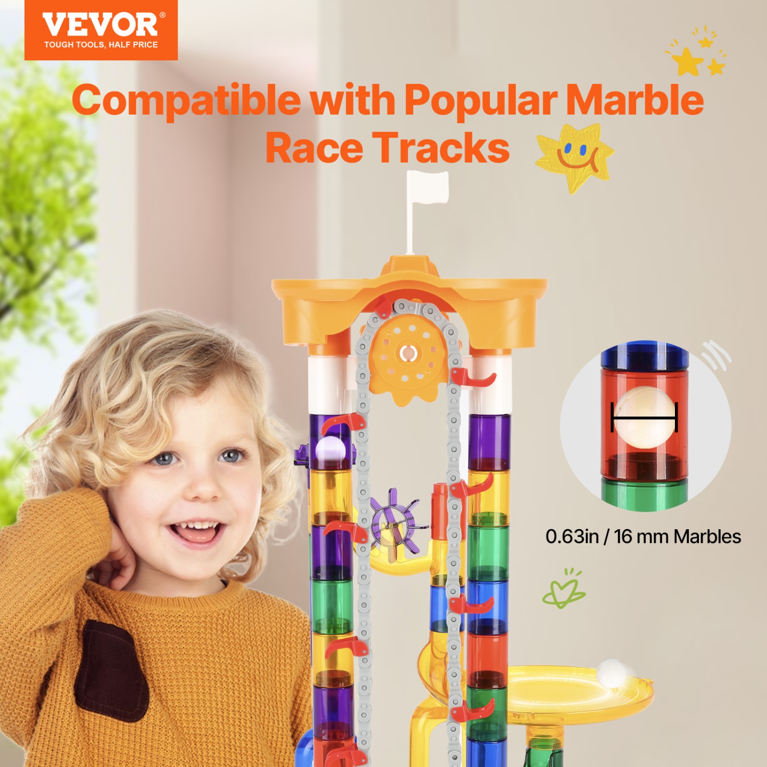 VEVOR 153 PCS Marble Run Set, with Motorized Elevator, with 30 Plastic Marbles, Marble Maze Building Block Brain Game, Educational Learning Race