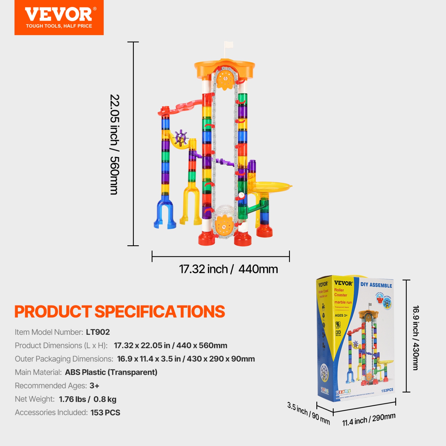 VEVOR 153 PCS Marble Run Set, with Motorized Elevator, with 30 Plastic Marbles, Marble Maze Building Block Brain Game, Educational Learning Race