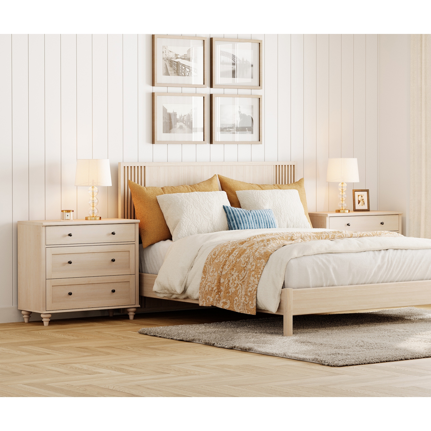 WAMPAT Farmhouse Nightstand with 3 Drawers, Large Wood Bedside Table Night Stand, Wide Sofa Side End Table 3 Drawers Chest of Dresser for Living