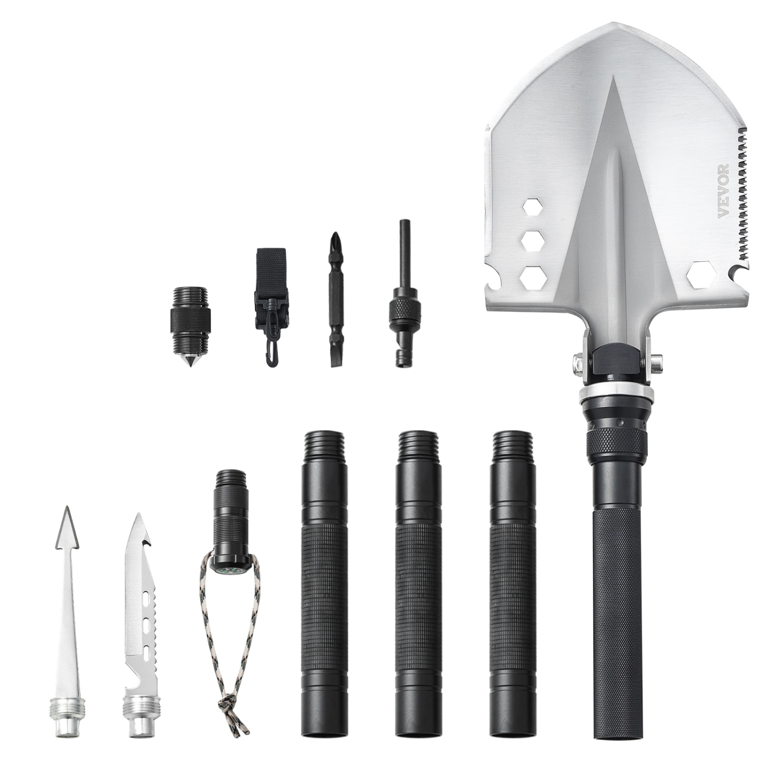 VEVOR 13 in 1 Survival Shovel, Camping Shovel Folding Multitool, Military Grade Tactical Shovel, Multifunction for Off-Roading, Camping, Hiking,