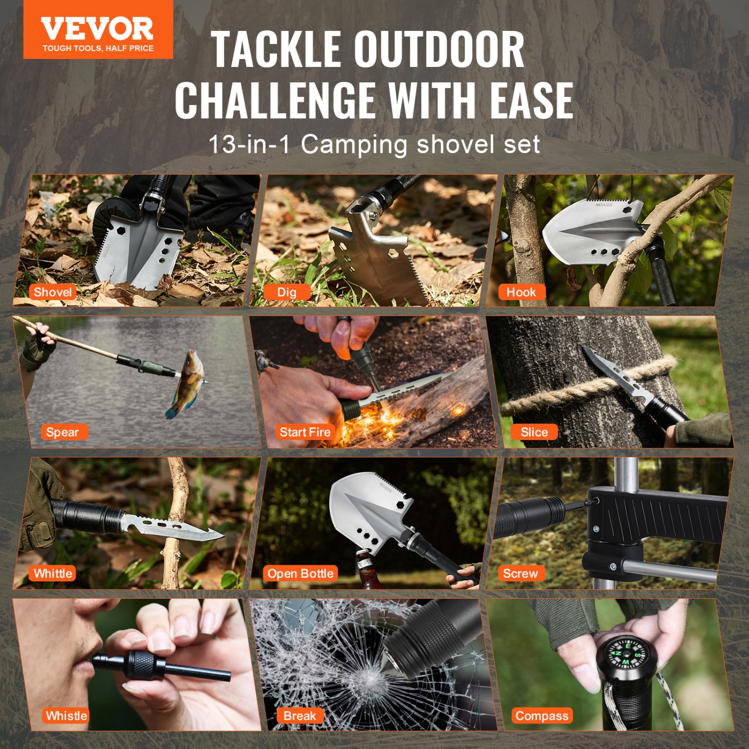 VEVOR 13 in 1 Survival Shovel, Camping Shovel Folding Multitool, Military Grade Tactical Shovel, Multifunction for Off-Roading, Camping, Hiking,