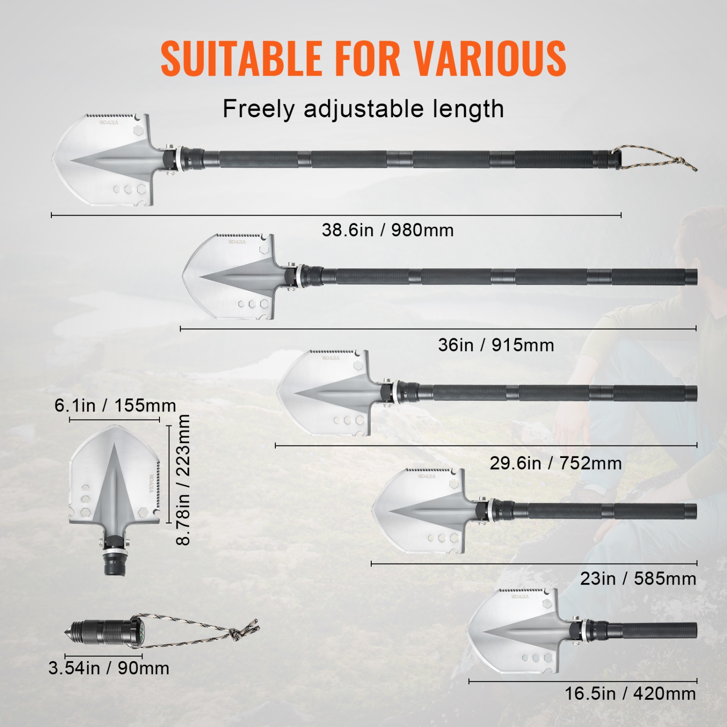 VEVOR 13 in 1 Survival Shovel, Camping Shovel Folding Multitool, Military Grade Tactical Shovel, Multifunction for Off-Roading, Camping, Hiking,