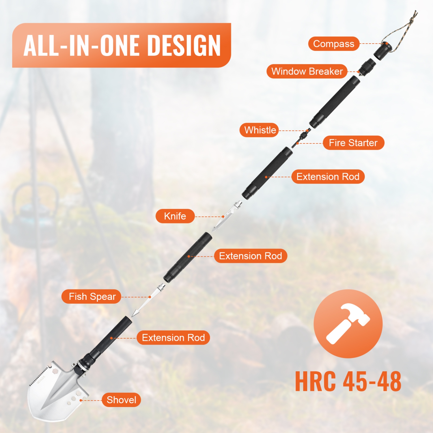 VEVOR 13 in 1 Survival Shovel, Camping Shovel Folding Multitool, Military Grade Tactical Shovel, Multifunction for Off-Roading, Camping, Hiking,