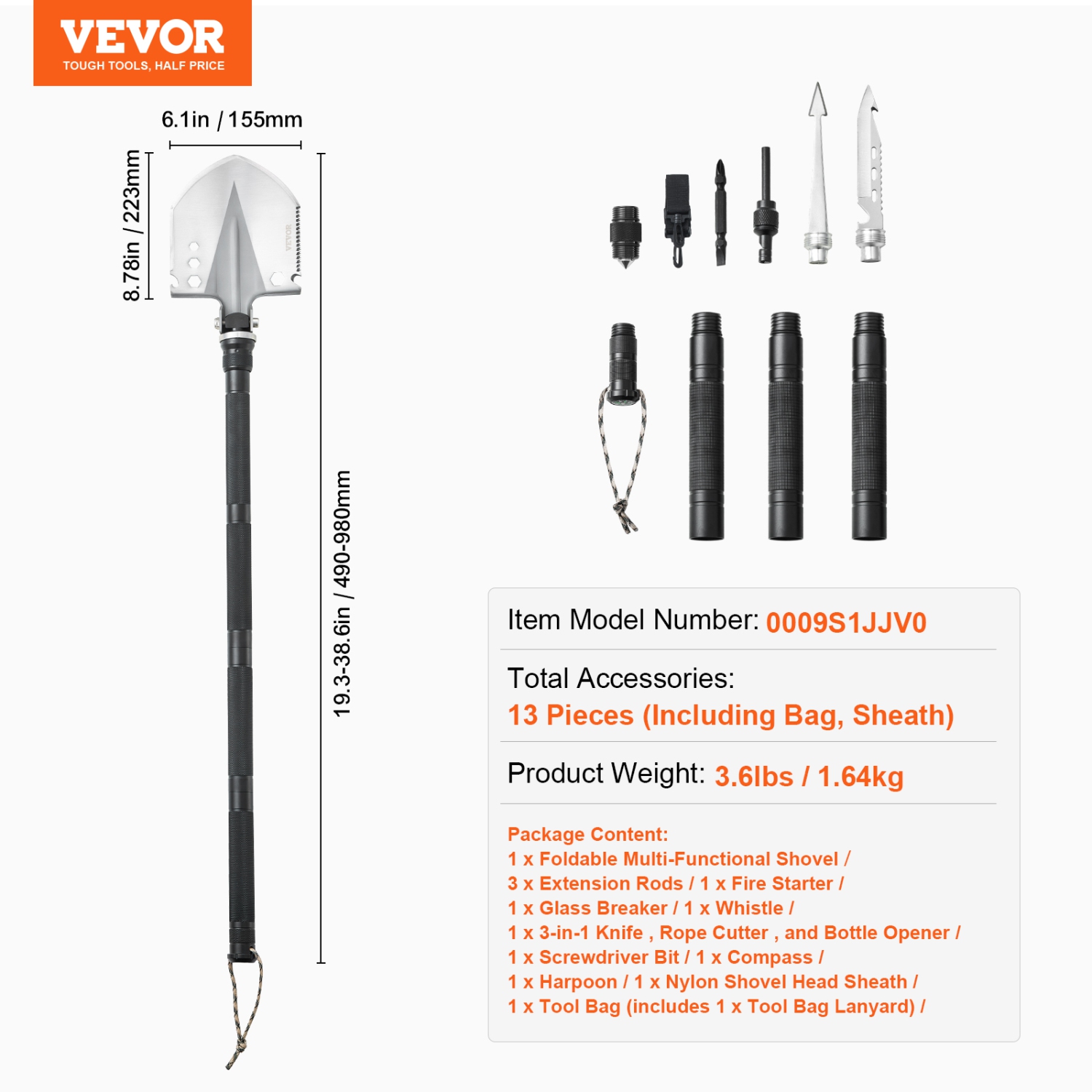 VEVOR 13 in 1 Survival Shovel, Camping Shovel Folding Multitool, Military Grade Tactical Shovel, Multifunction for Off-Roading, Camping, Hiking,