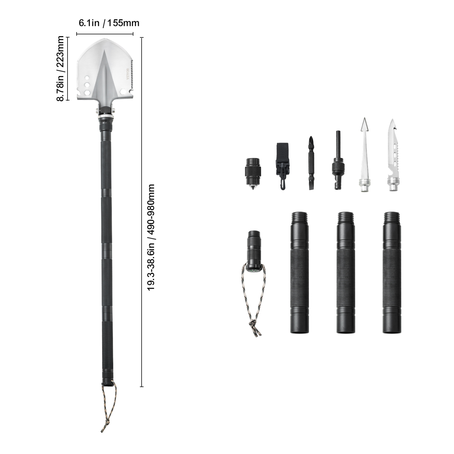 VEVOR 13 in 1 Survival Shovel, Camping Shovel Folding Multitool, Military Grade Tactical Shovel, Multifunction for Off-Roading, Camping, Hiking,