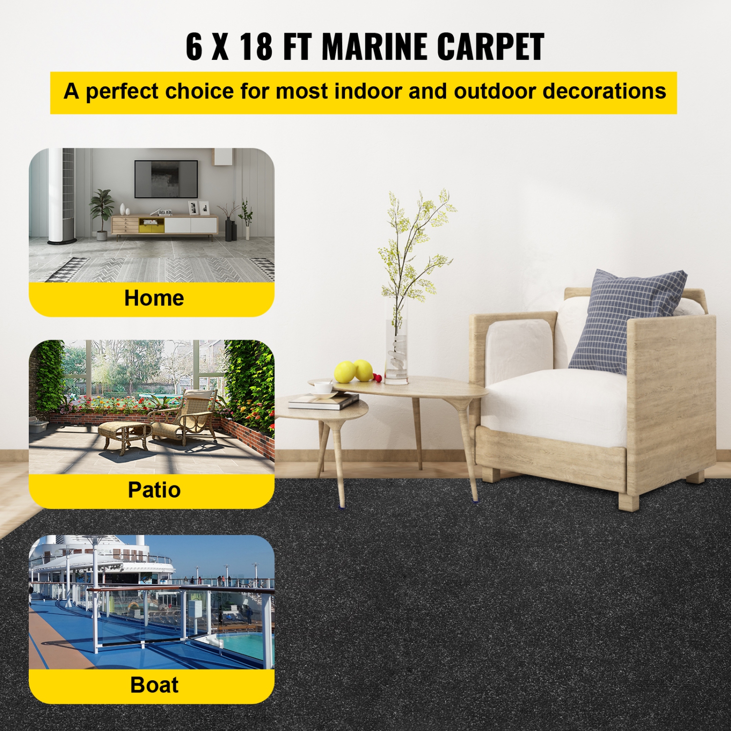 VEVOR 6 ft x 18 ft Marine Carpet for Boats, Waterproof, Black, Indoor Outdoor Carpet with Marine Backing Anti-Slide Marine Grade Boat Carpet, Easy to