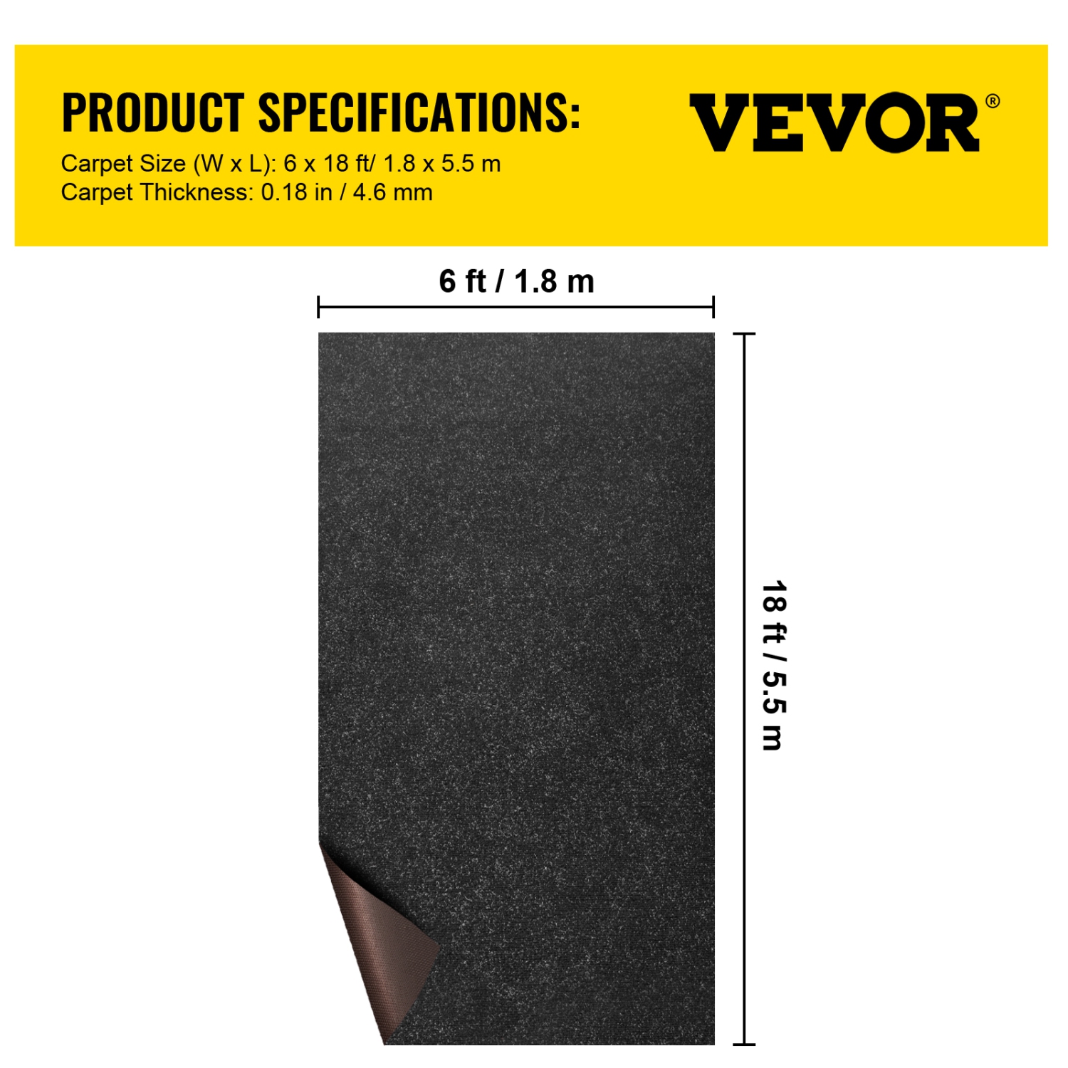 VEVOR 6 ft x 18 ft Marine Carpet for Boats, Waterproof, Black, Indoor Outdoor Carpet with Marine Backing Anti-Slide Marine Grade Boat Carpet, Easy to