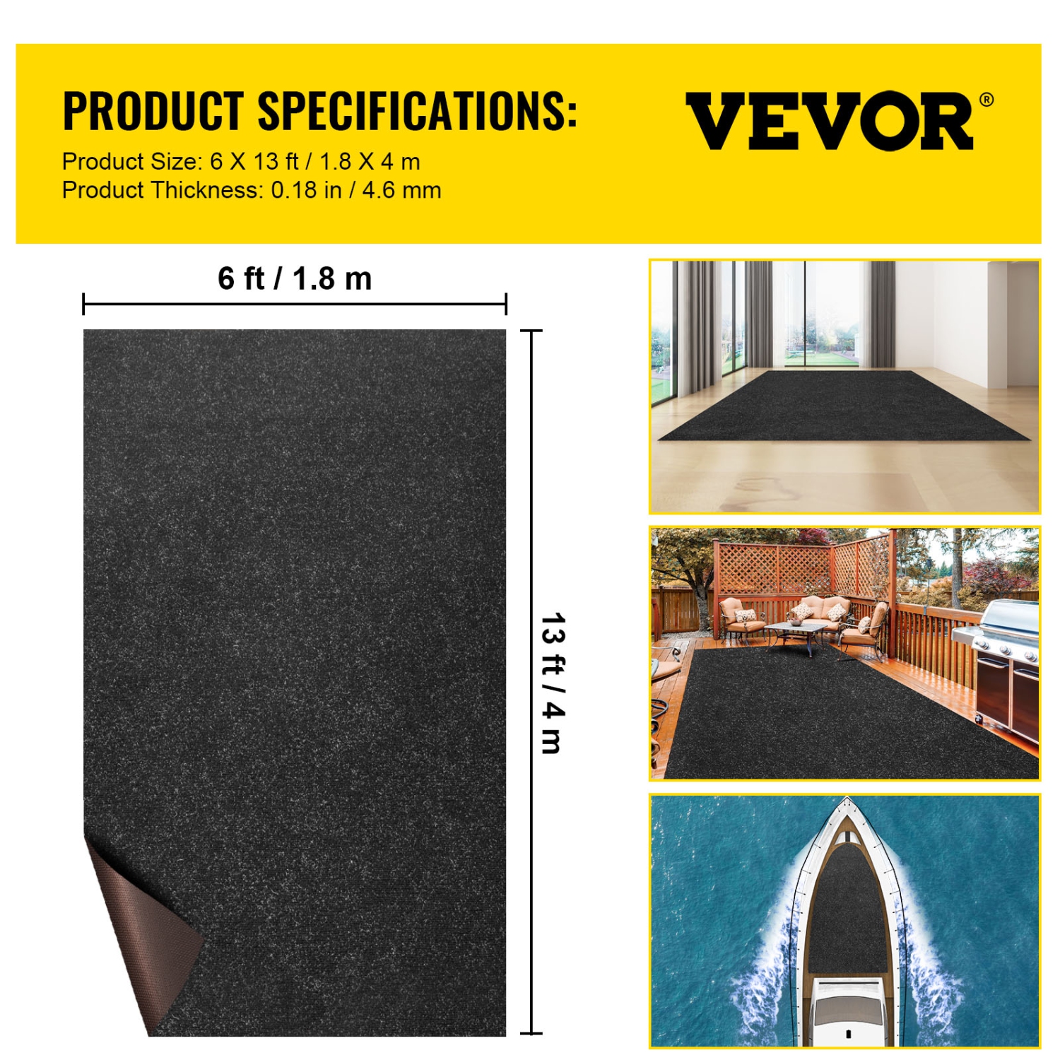 VEVOR 6 x 13 ft Boat Carpeting,Charcoal Black Marine Grade Boat Carpet,Indoor/Outdoor Marine Carpeting with Water-proof TPR Backing, Water-proof