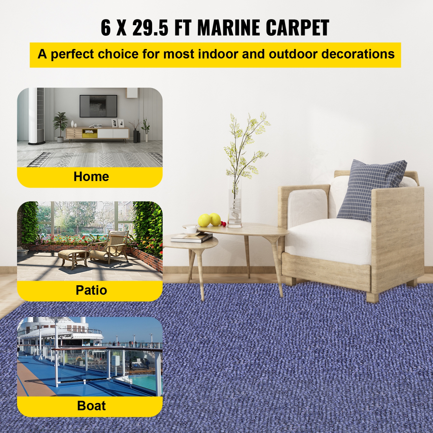 VEVOR 6 ft x 29.5 ft Deep Blue Marine Carpet,Marine Grade Carpet for Boats with Waterproof Back,Outdoor Rug for Patio Porch Deck Garage Outdoor Area