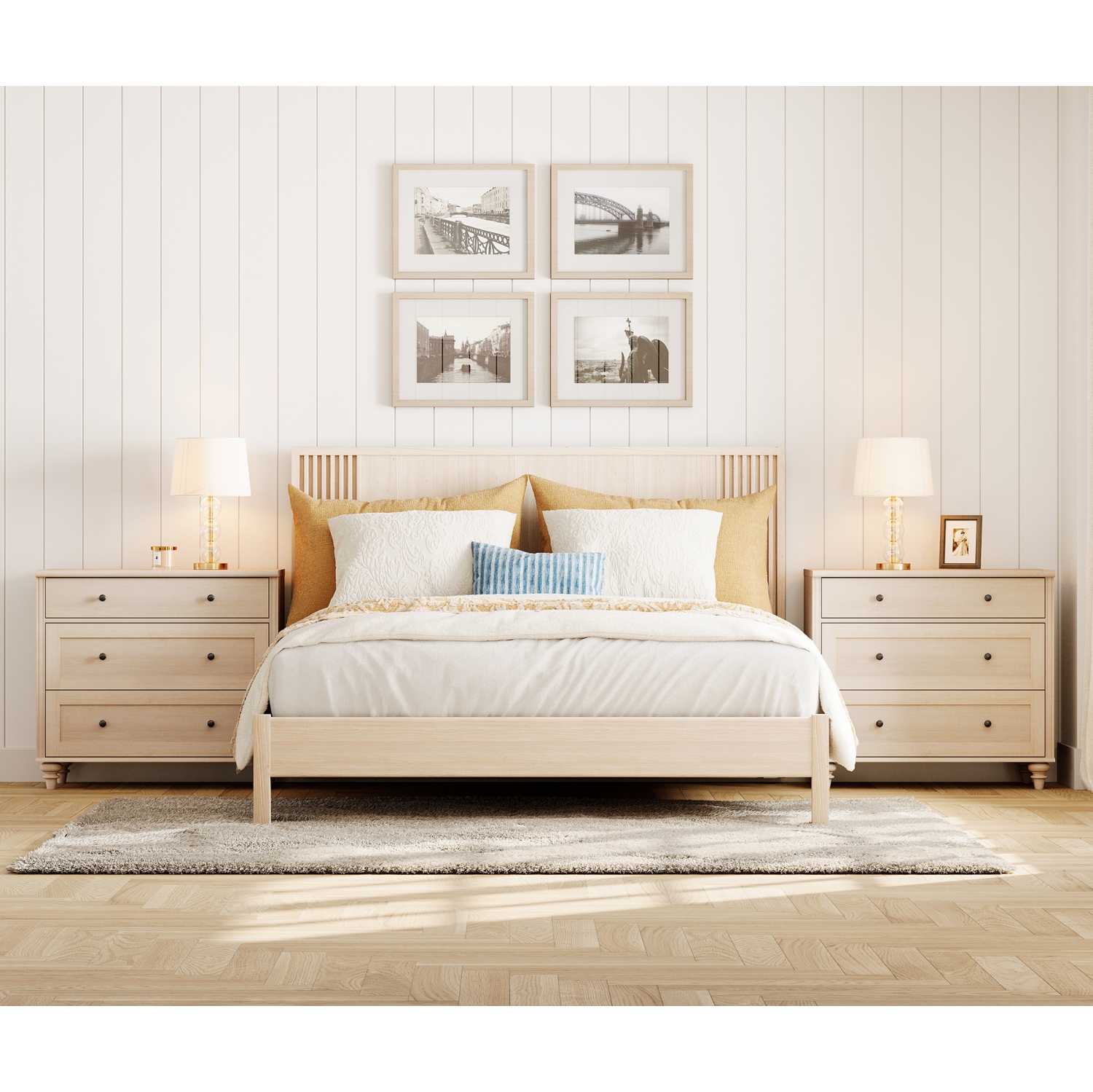 WAMPAT Farmhouse Nightstand with 3 Drawers, Set of 2 Large 3 Drawers Wood Bedside Table Night Stand, Wide Sofa Side End Table Chest of Dresser for