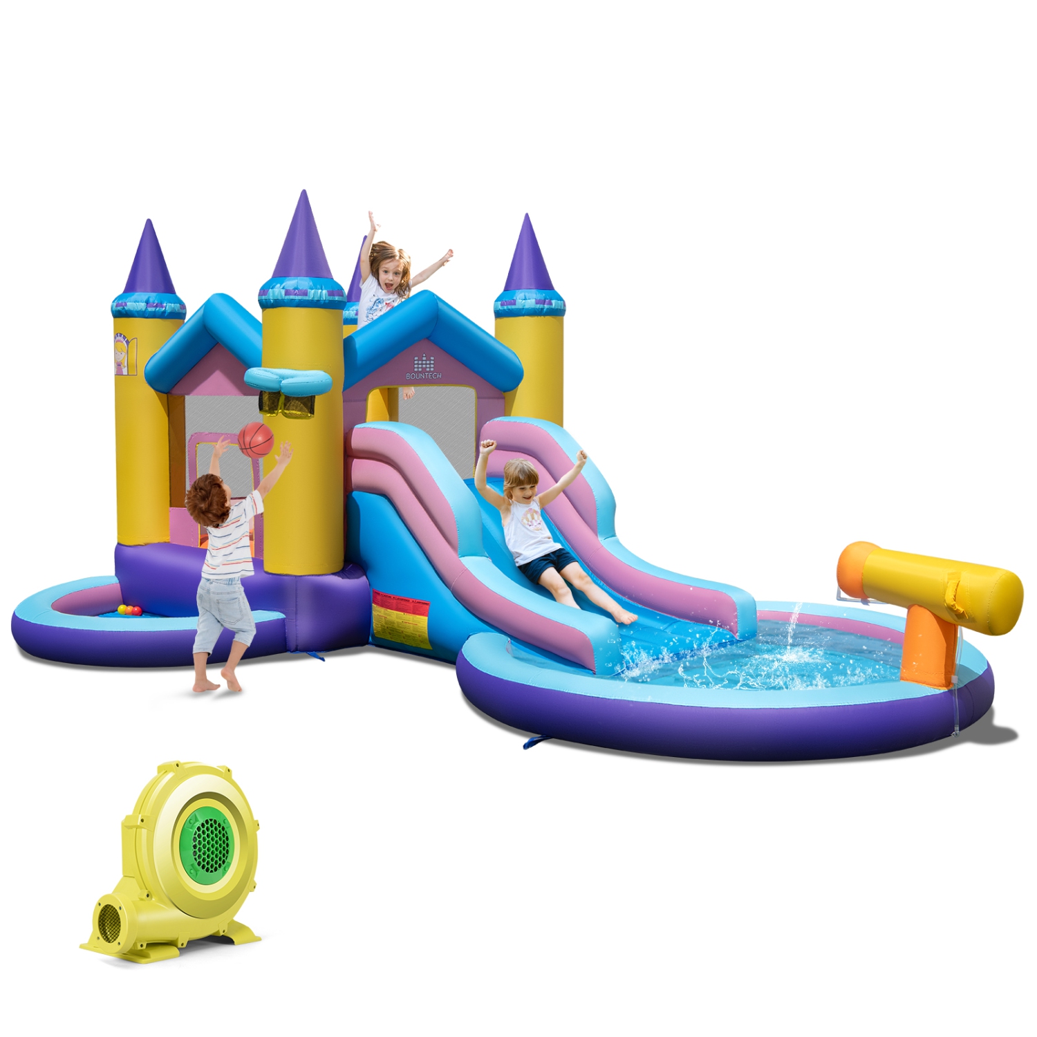 Costway nflatable Water Slide, 2 in 1 Castle Bounce House Water Slide with Ball Pit & Splash Pool for Kids Outdoor Fun