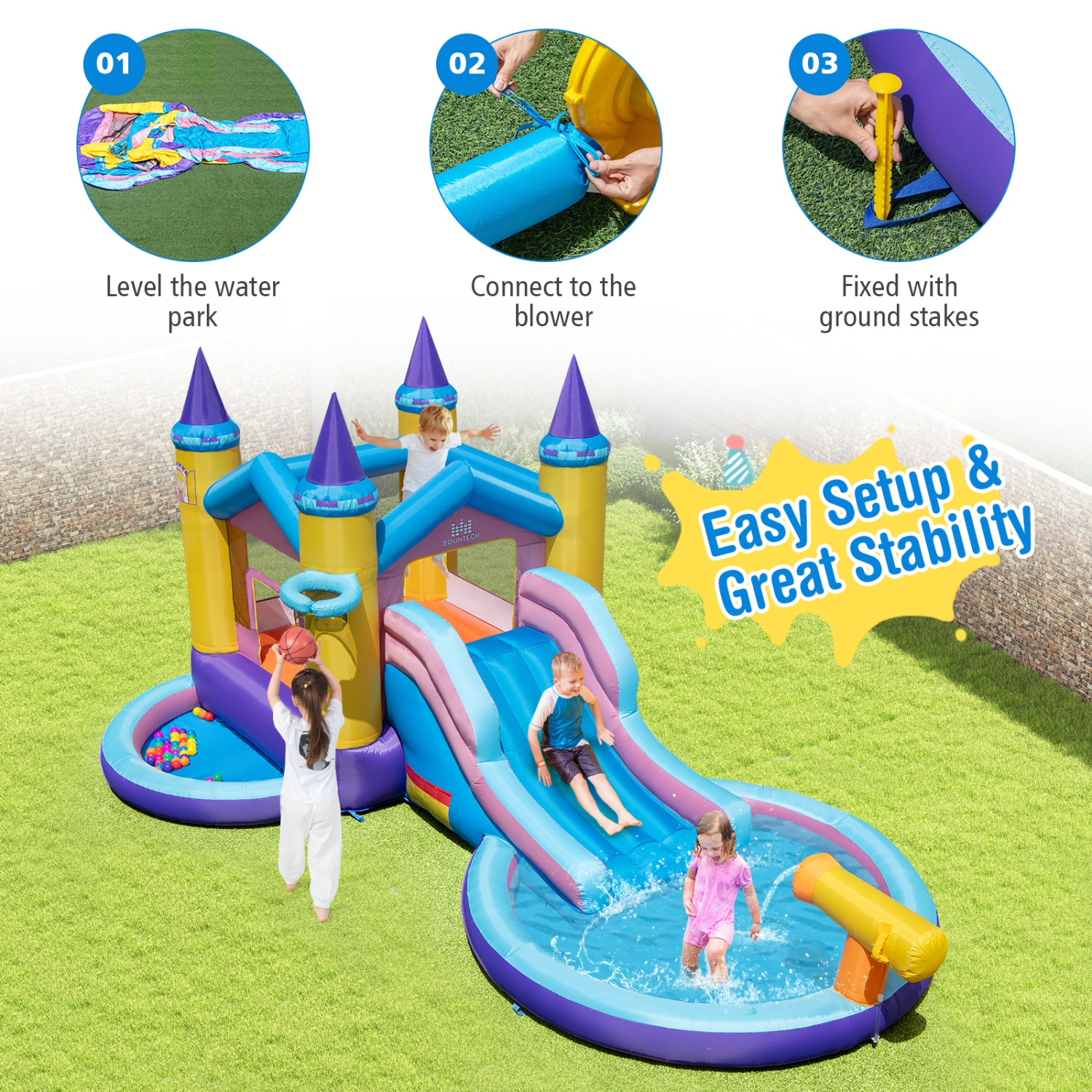 Costway nflatable Water Slide, 2 in 1 Castle Bounce House Water Slide with Ball Pit & Splash Pool for Kids Outdoor Fun