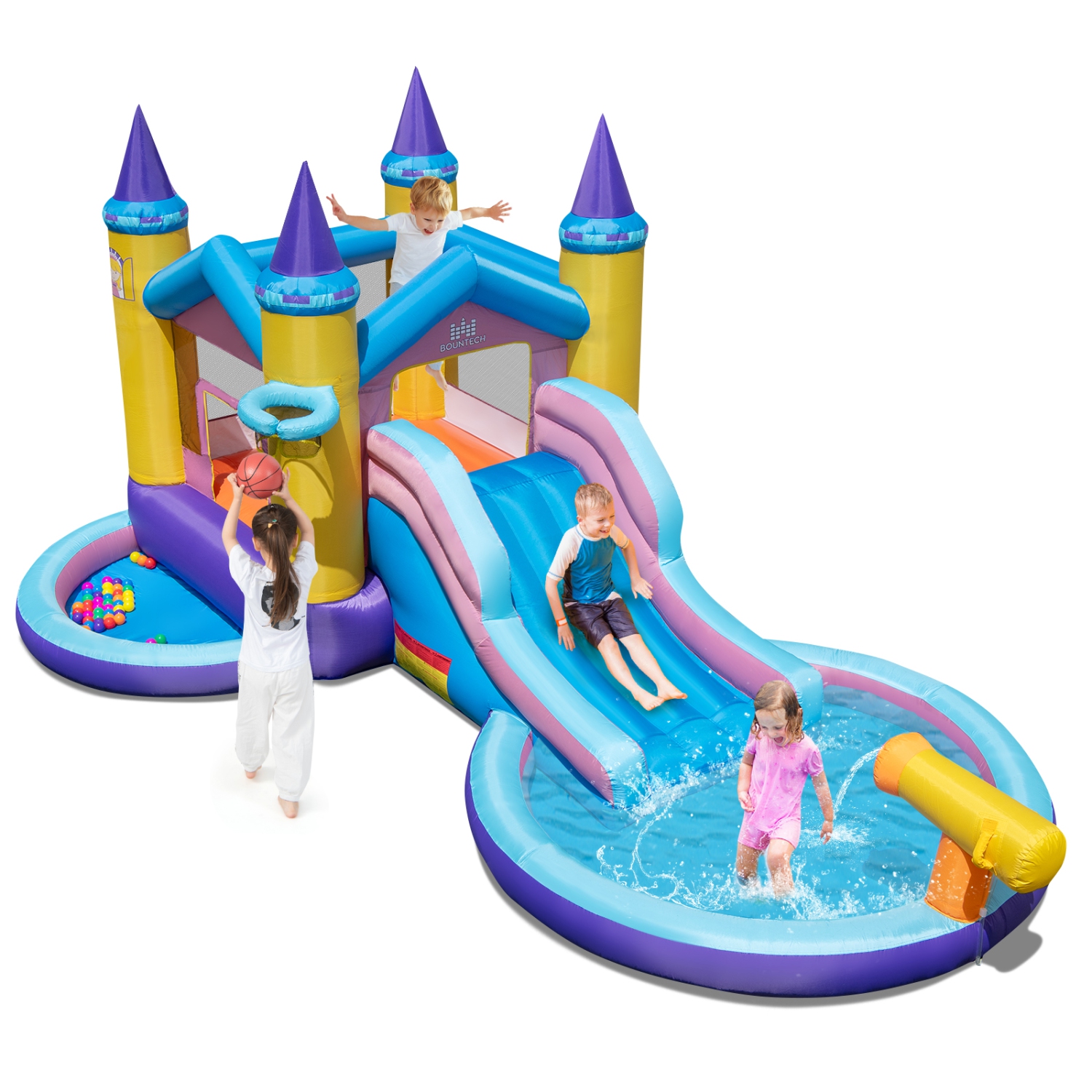 Glissade d'eau gonflable 2 en 1 Castle Bounce House de Costway avec piscine à balles et piscine pour enfants s'amuser à l'extérieur