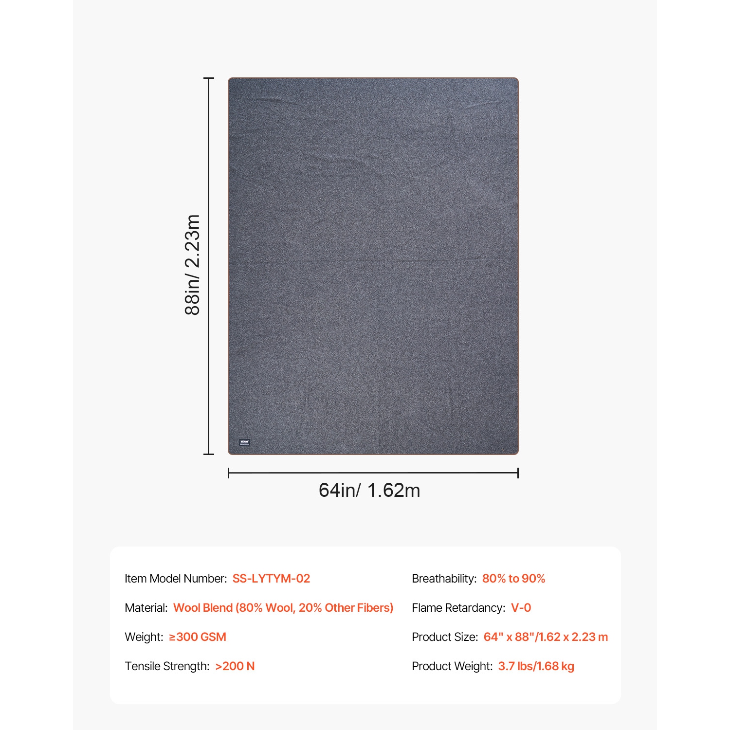 VEVOR 64" x 88" Wool Camping Blanket,Warm Stadium Blanket,Waterproof & Windproof, Flame Retardant, Great for Outdoors, Picnics, Hiking, Sports