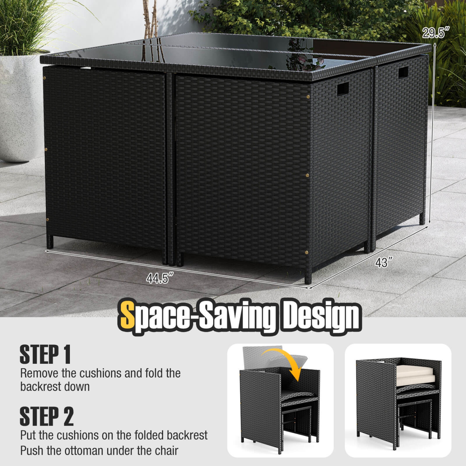 Ensemble patio 9 PCS de Costway avec table en verre trempé et pouf, coussins amovibles, blanc cassé/beige