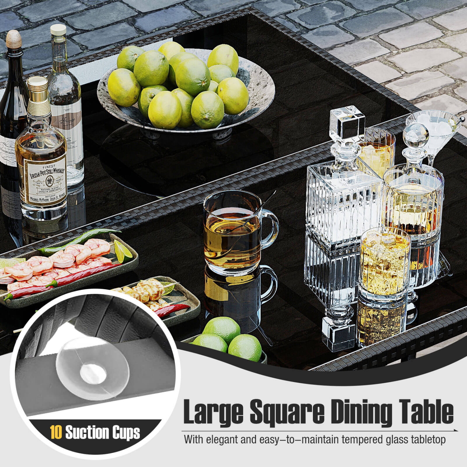 Ensemble patio 9 PCS de Costway avec table en verre trempé et pouf, coussins amovibles, blanc cassé/beige