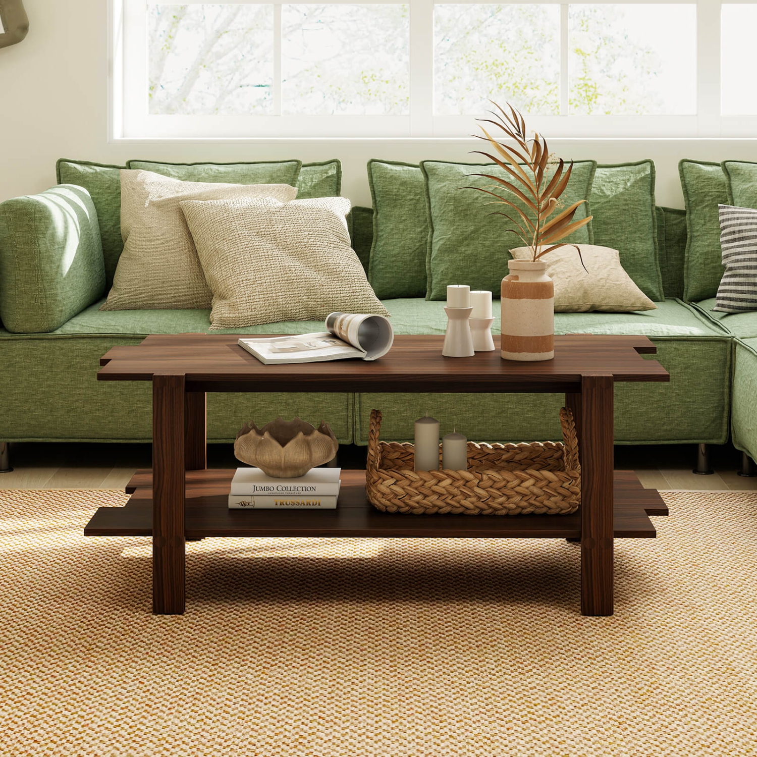 Table basse 2 niveaux de Costway, table basse irrégulière, tablette de rangement ouverte, table basse noyer/noir/brun/blanc