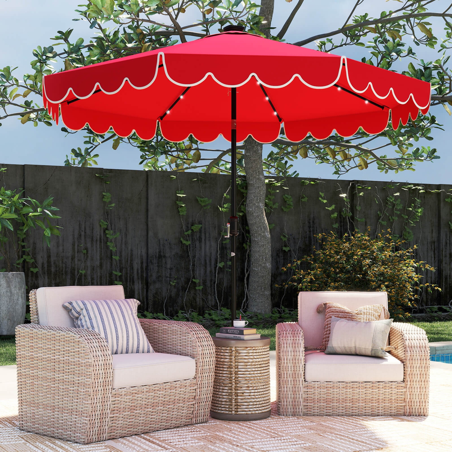 Costway 10 FT Solar Patio Umbrella with 24 LED Lights 8 Ribs & Tilt Adjustment Coffee/Turquoise/Red/Gray/Beige