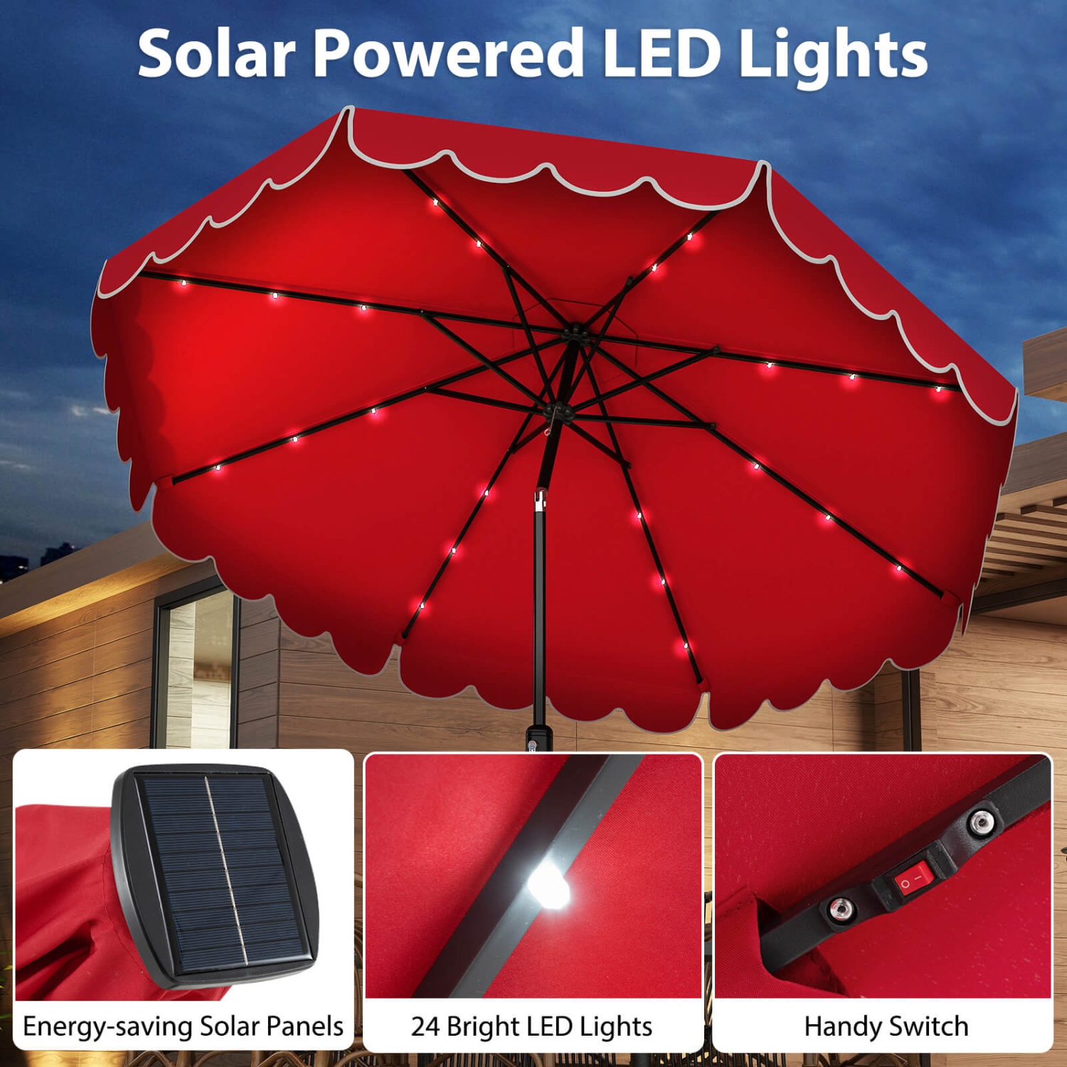 Costway 10 FT Solar Patio Umbrella with 24 LED Lights 8 Ribs & Tilt Adjustment Coffee/Turquoise/Red/Gray/Beige