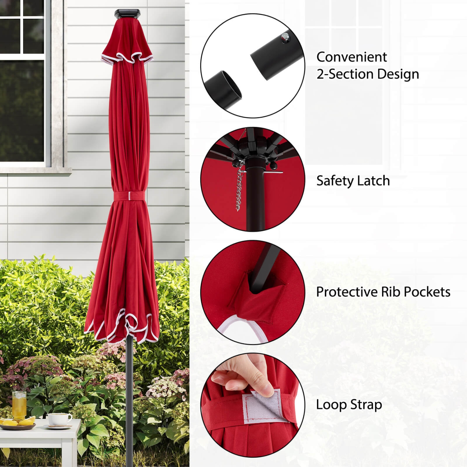 Costway 10 FT Solar Patio Umbrella with 24 LED Lights 8 Ribs & Tilt Adjustment Coffee/Turquoise/Red/Gray/Beige