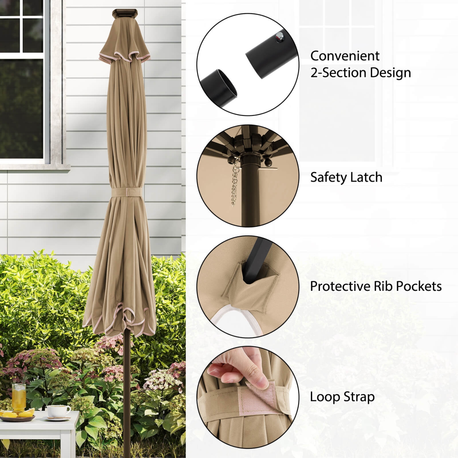 Costway 10 FT Solar Patio Umbrella with 24 LED Lights 8 Ribs & Tilt Adjustment Coffee/Turquoise/Red/Gray/Beige